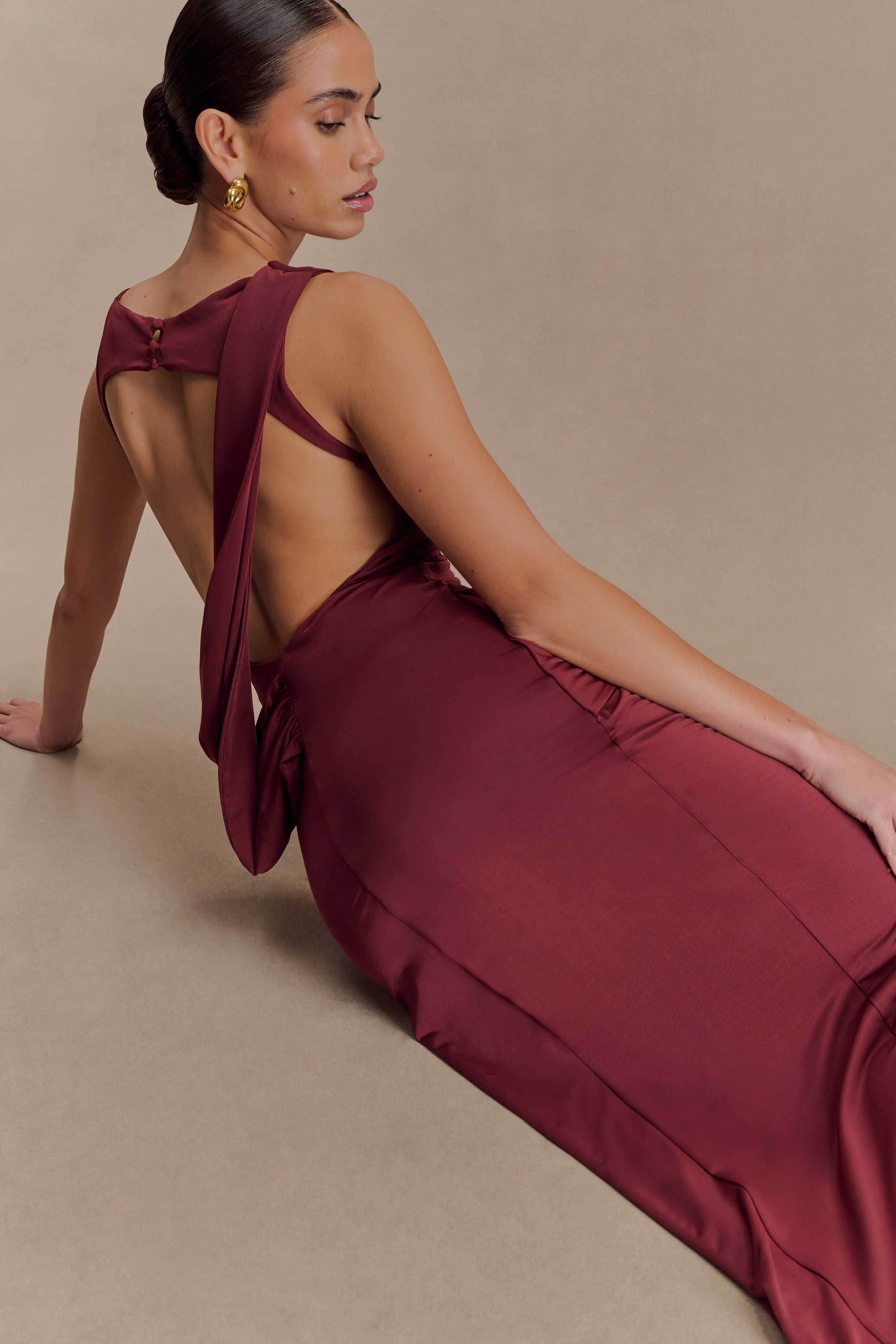 Henley Slinky Drape Maxi Dress - Wine - Image 3