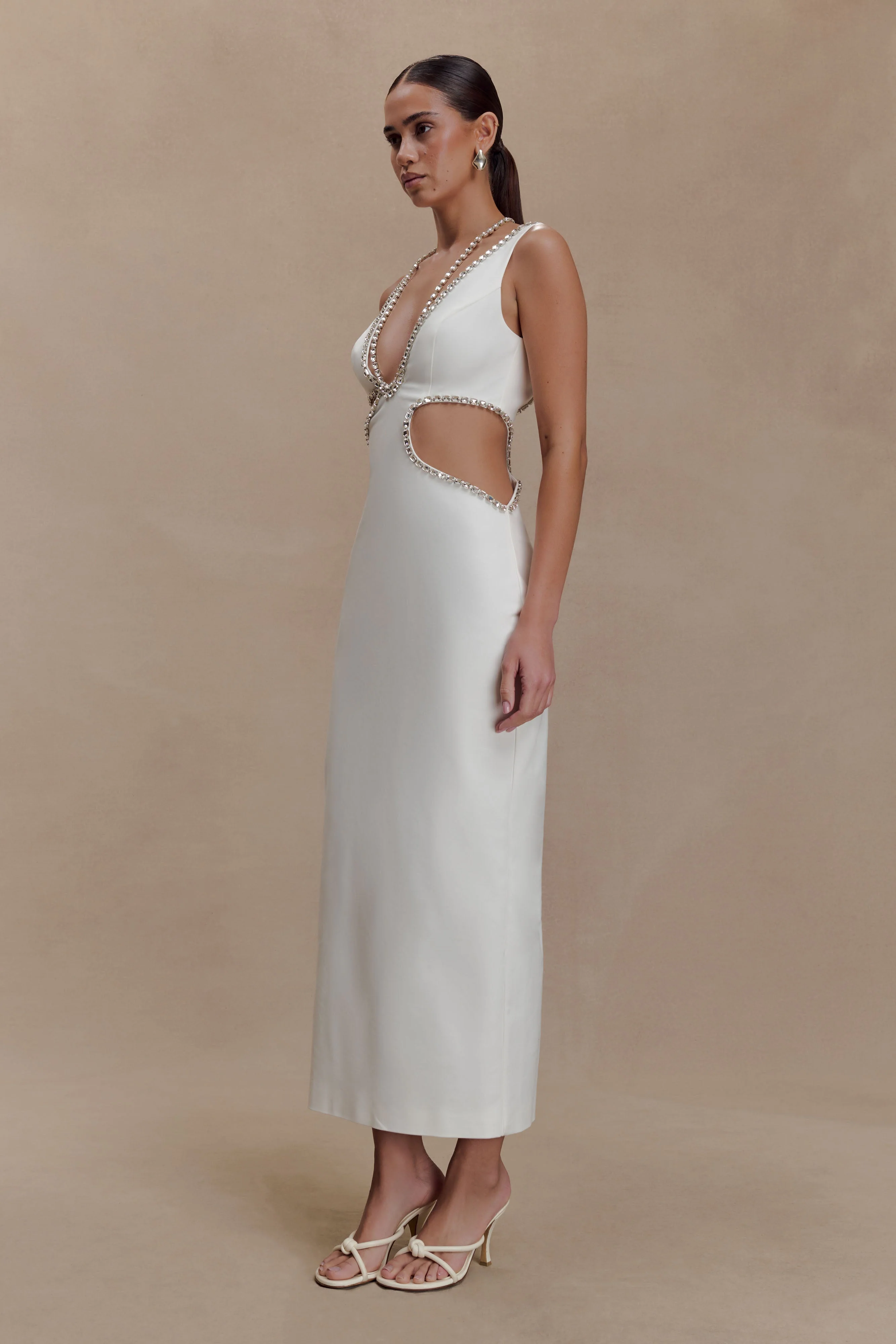Henny Diamante Trim Cut Out Midi Dress - White - Image 6