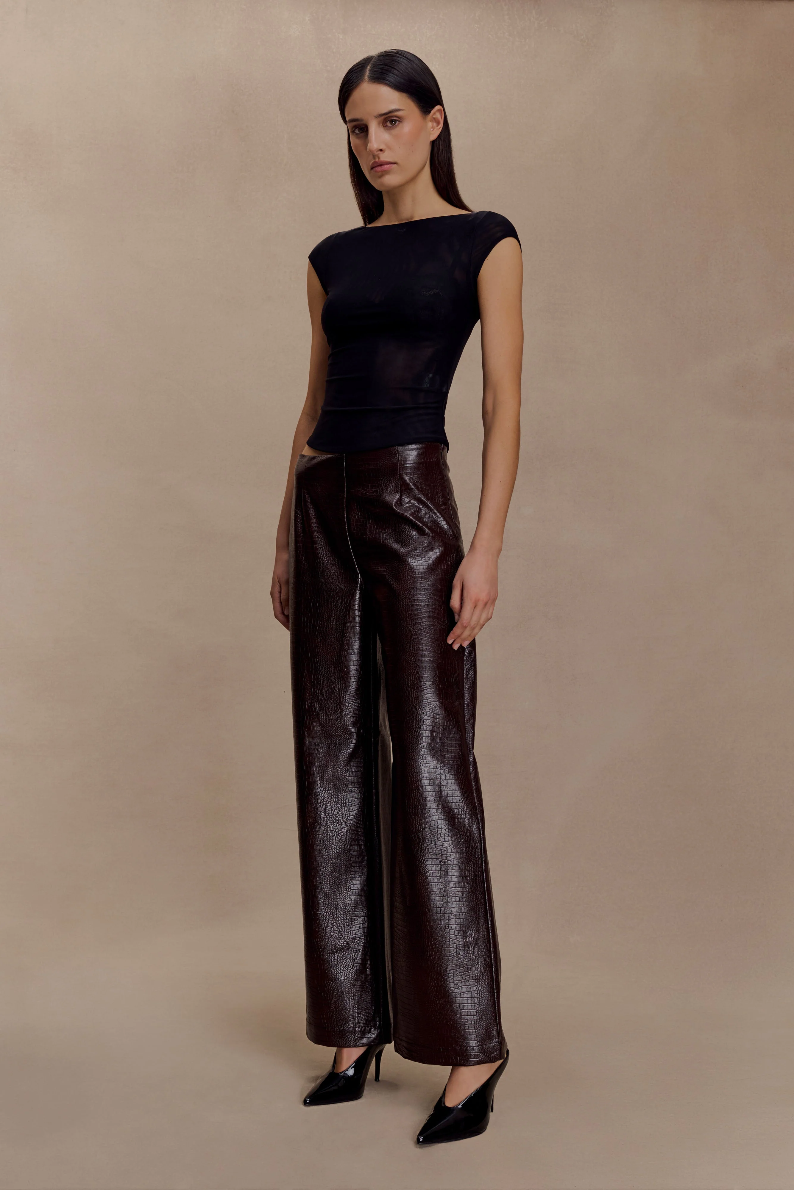 Henry Croc Faux Leather Straight Leg Pants - Dark Chocolate - Image 5