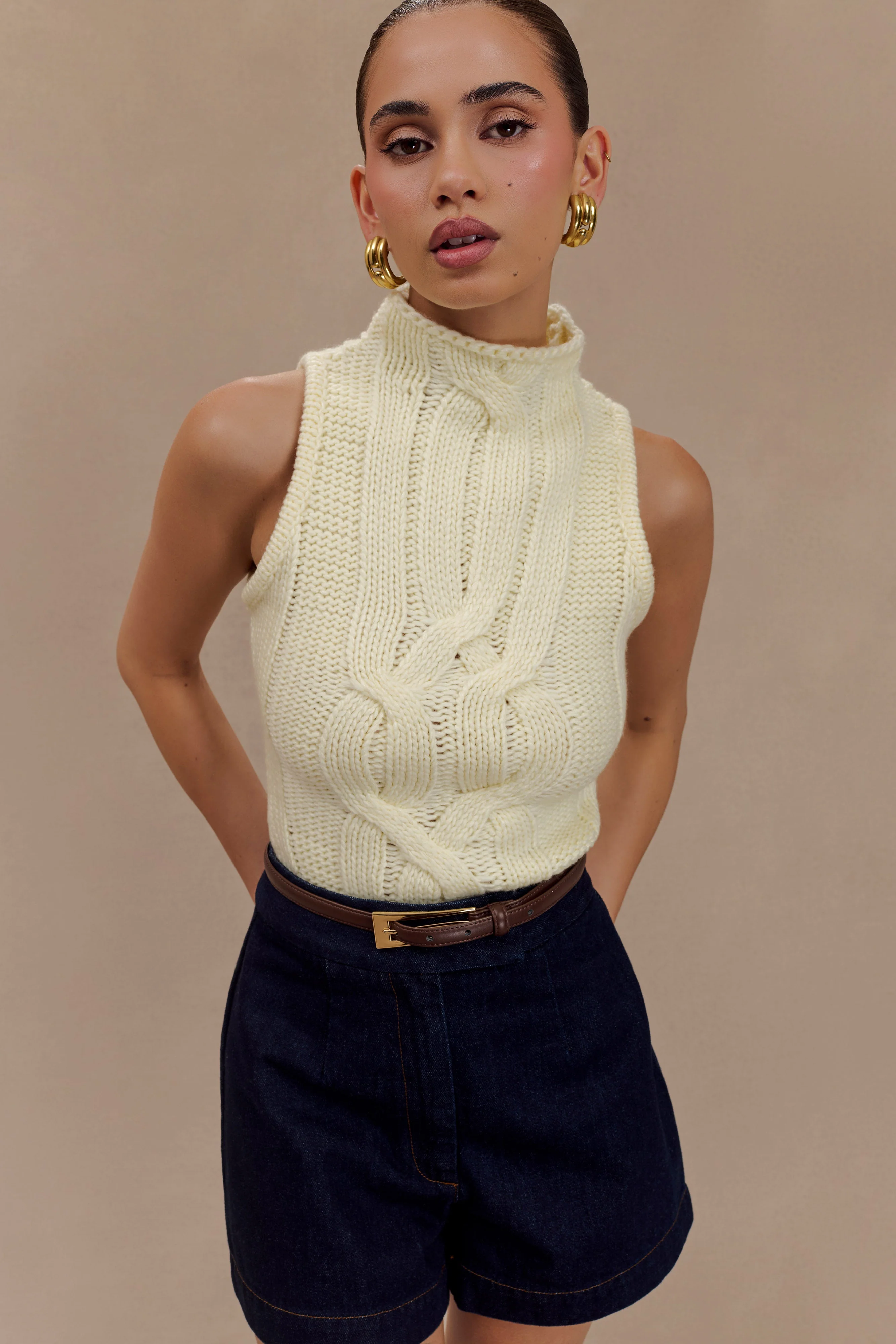 Roberta High Neck Cable Knit Top - Ivory - Image 8