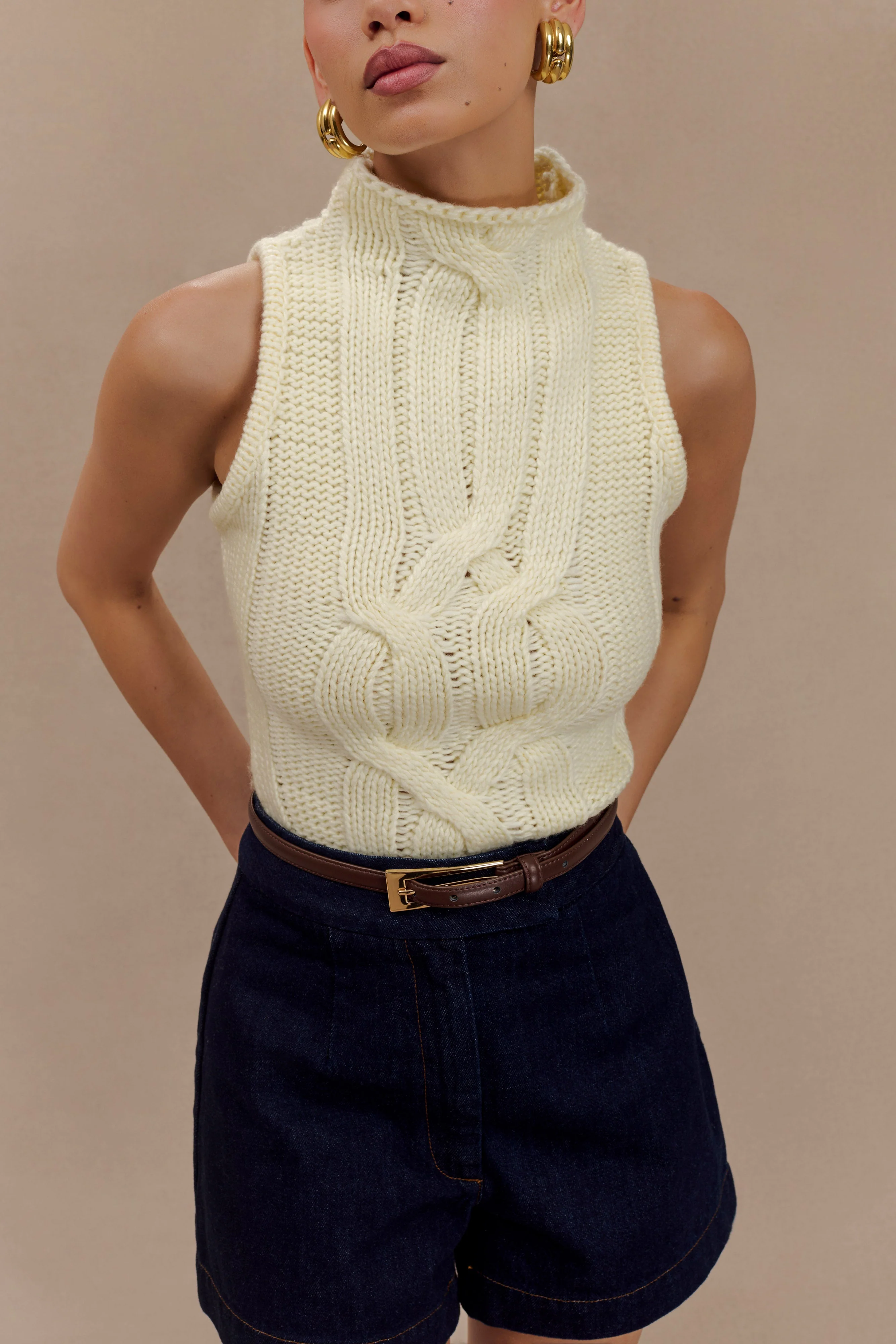 Roberta High Neck Cable Knit Top - Ivory - Image 9