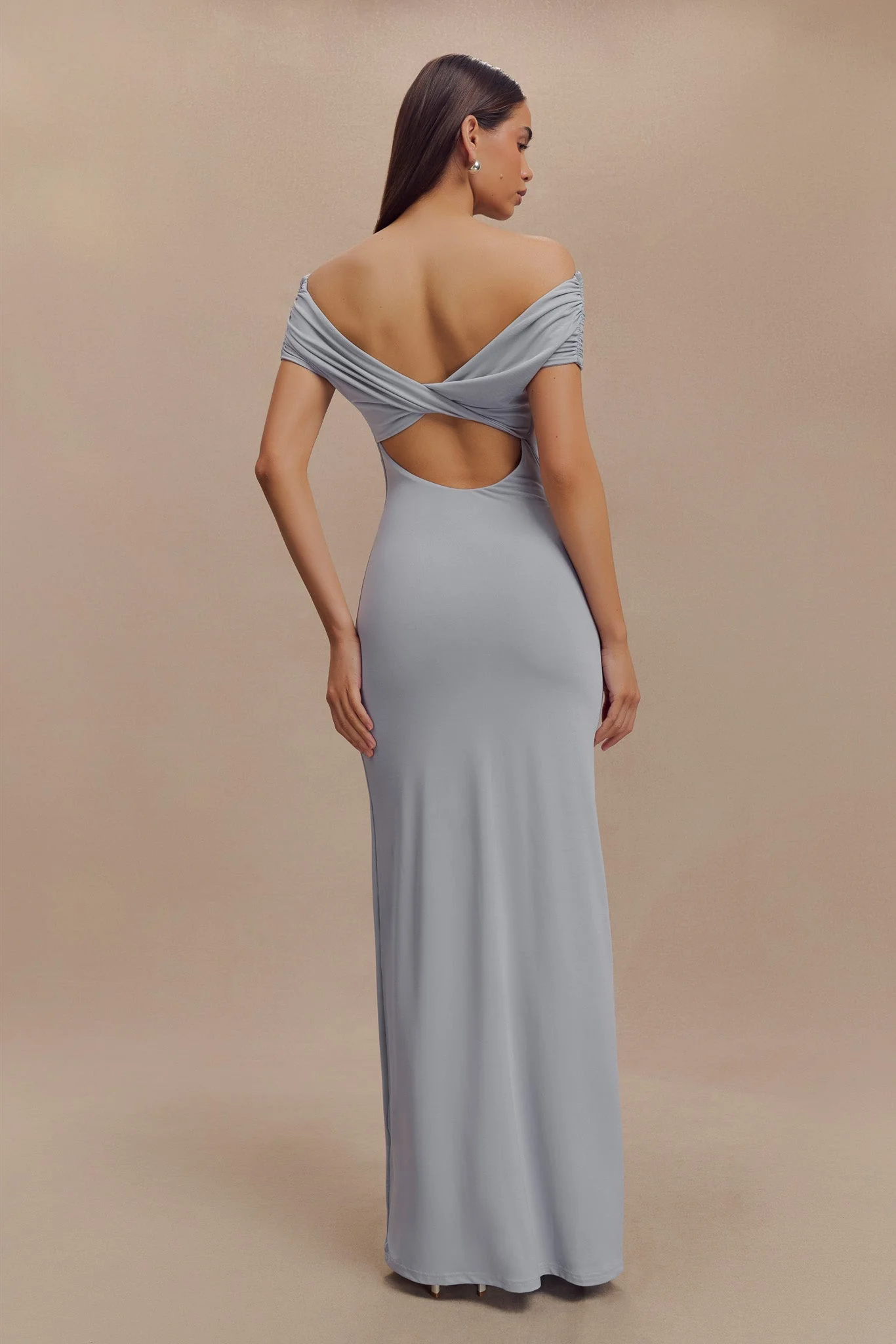 Imogen Off Shoulder Slinky Maxi Dress - Dusty Blue - Image 2