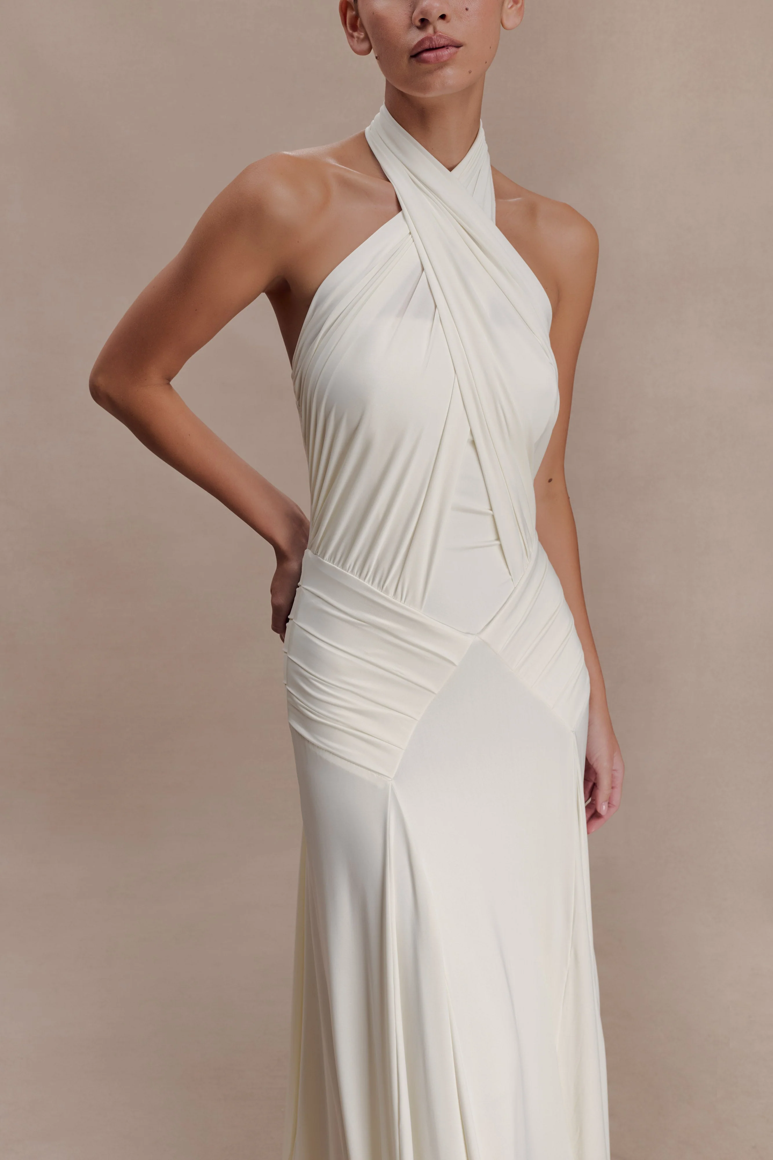 Indira Gathered Slinky Halter Maxi Dress - Ivory - Image 3
