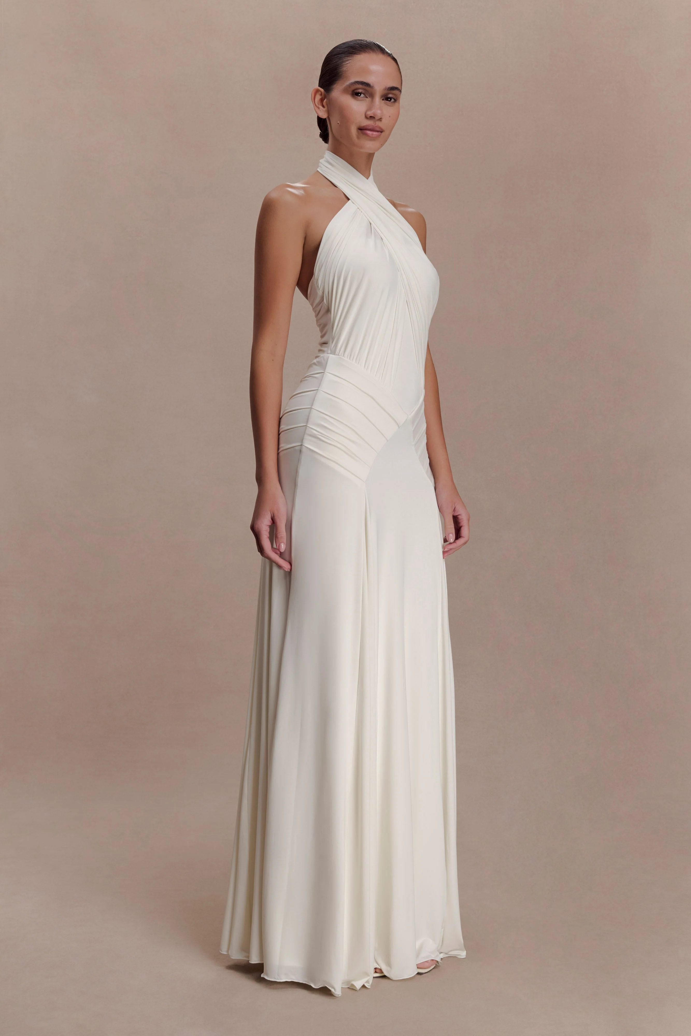 Indira Gathered Slinky Halter Maxi Dress - Ivory - Image 4