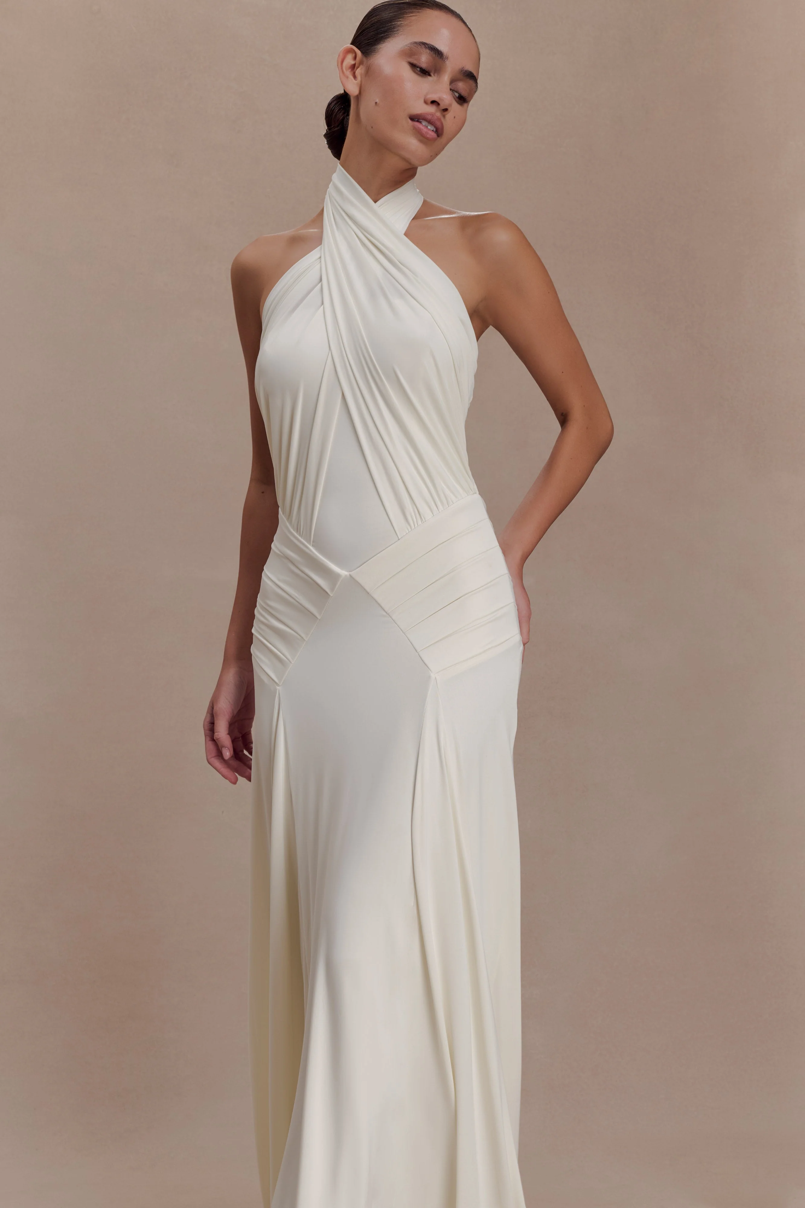 Indira Gathered Slinky Halter Maxi Dress - Ivory - Image 5