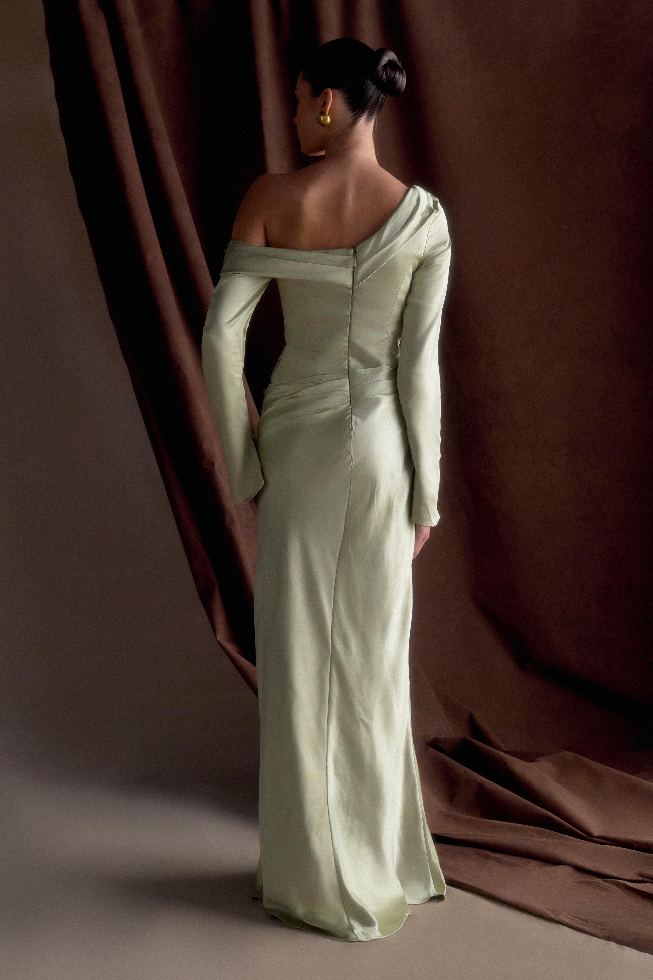 Iris Long Sleeve Satin Maxi Dress - Sage - Image 2