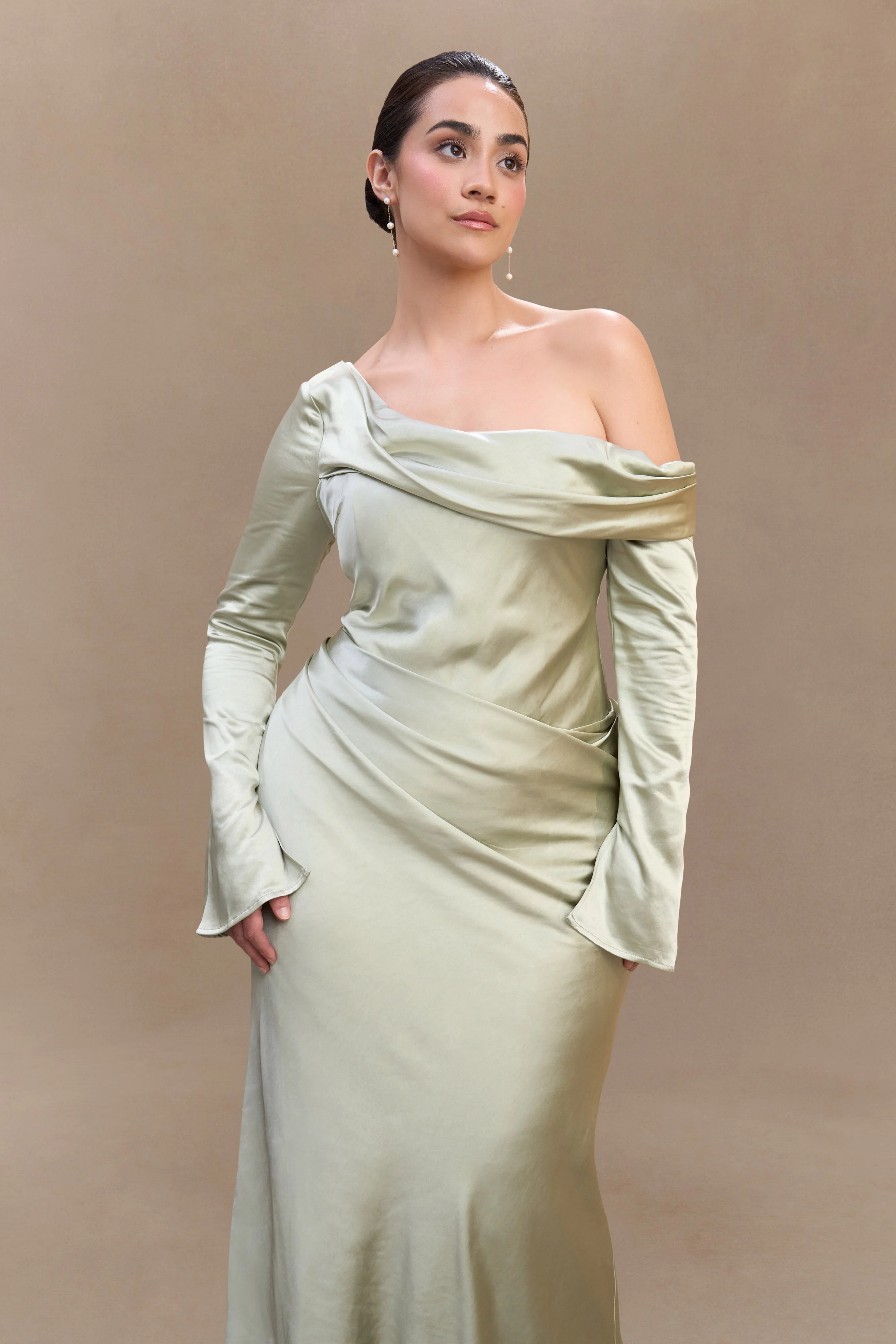 Iris Long Sleeve Satin Maxi Dress - Sage - Image 7