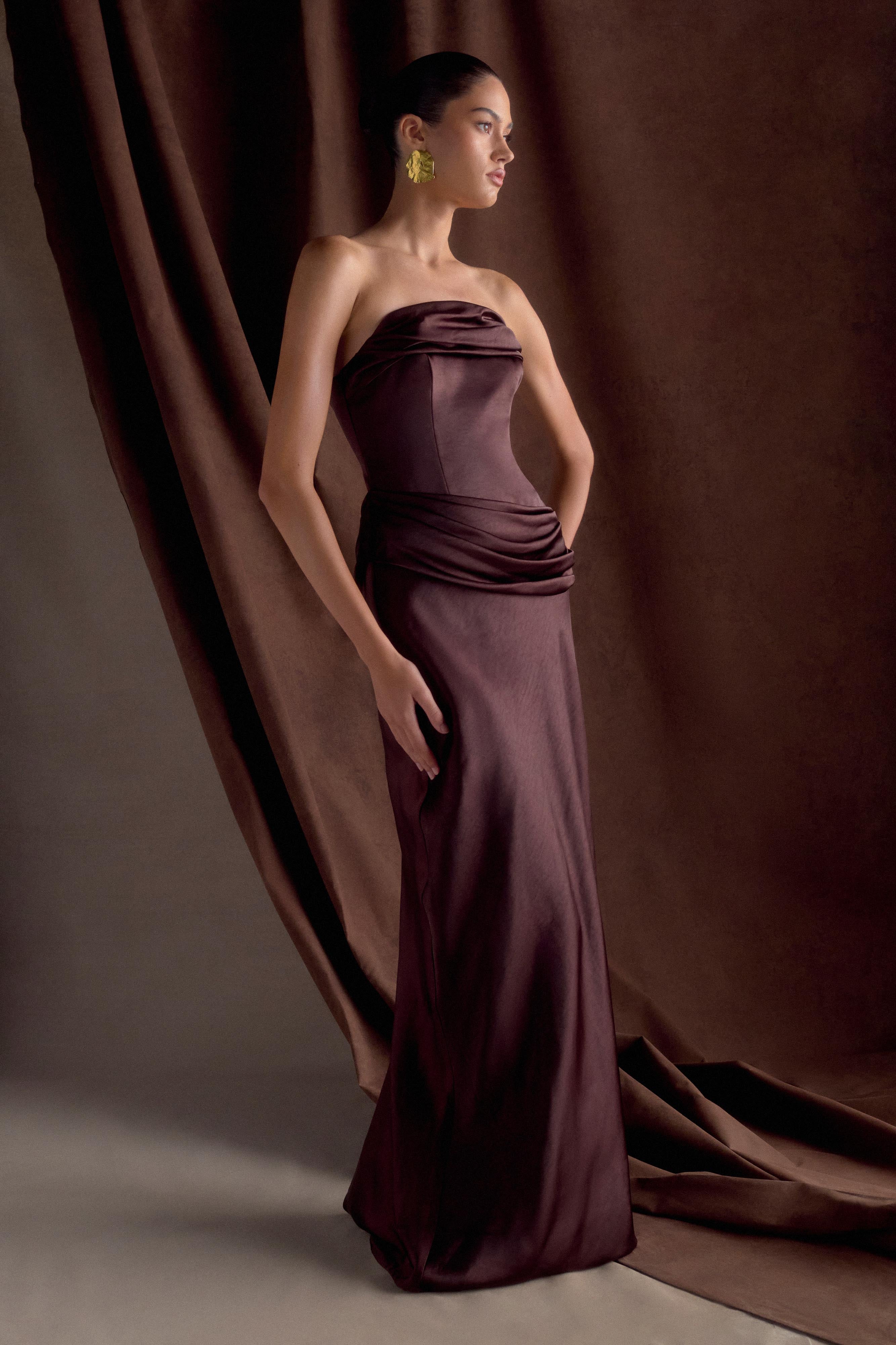 Jasmine Strapless Satin Maxi Dress - Dark Chocolate - Image 10