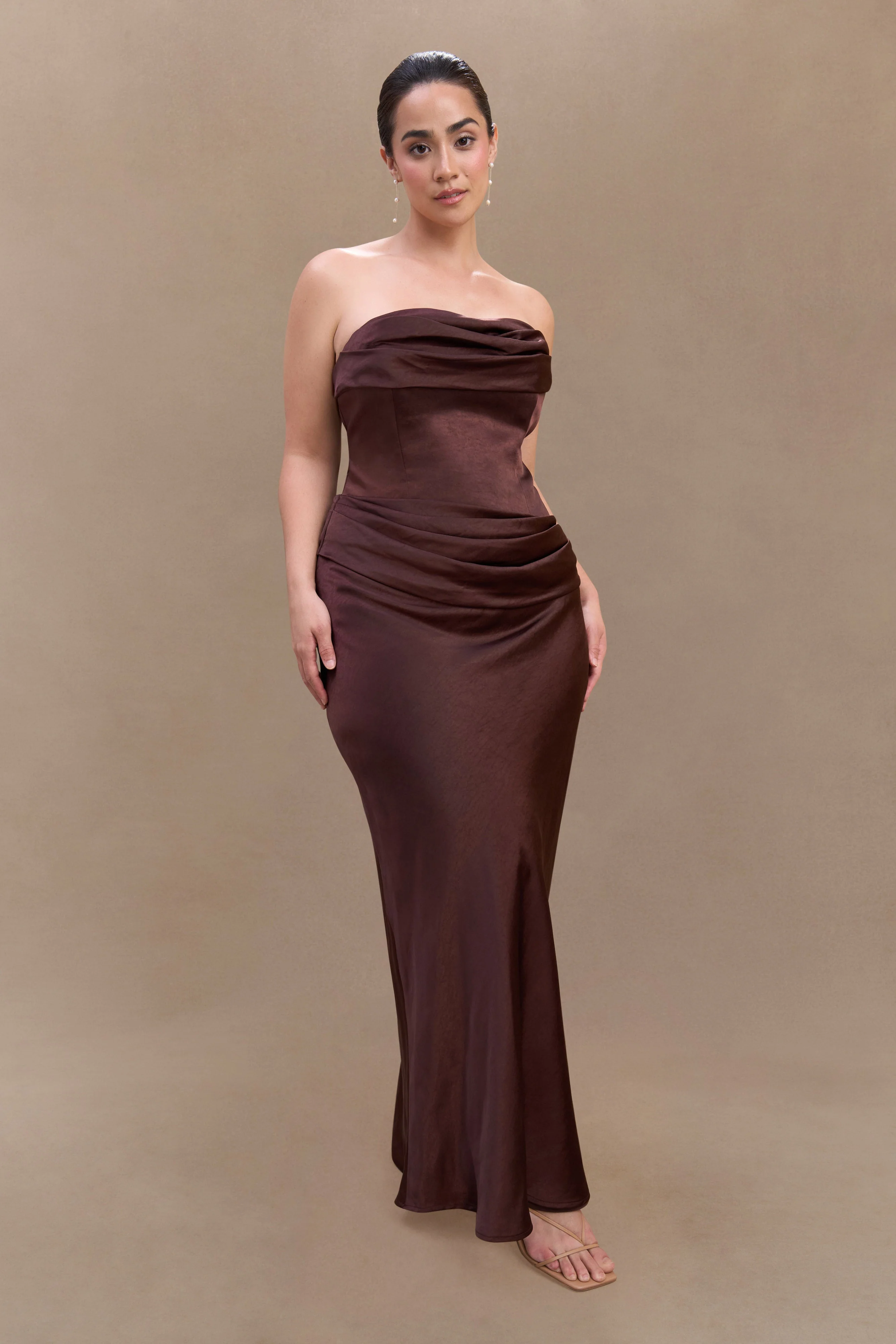 Jasmine Strapless Satin Maxi Dress - Dark Chocolate - Image 13