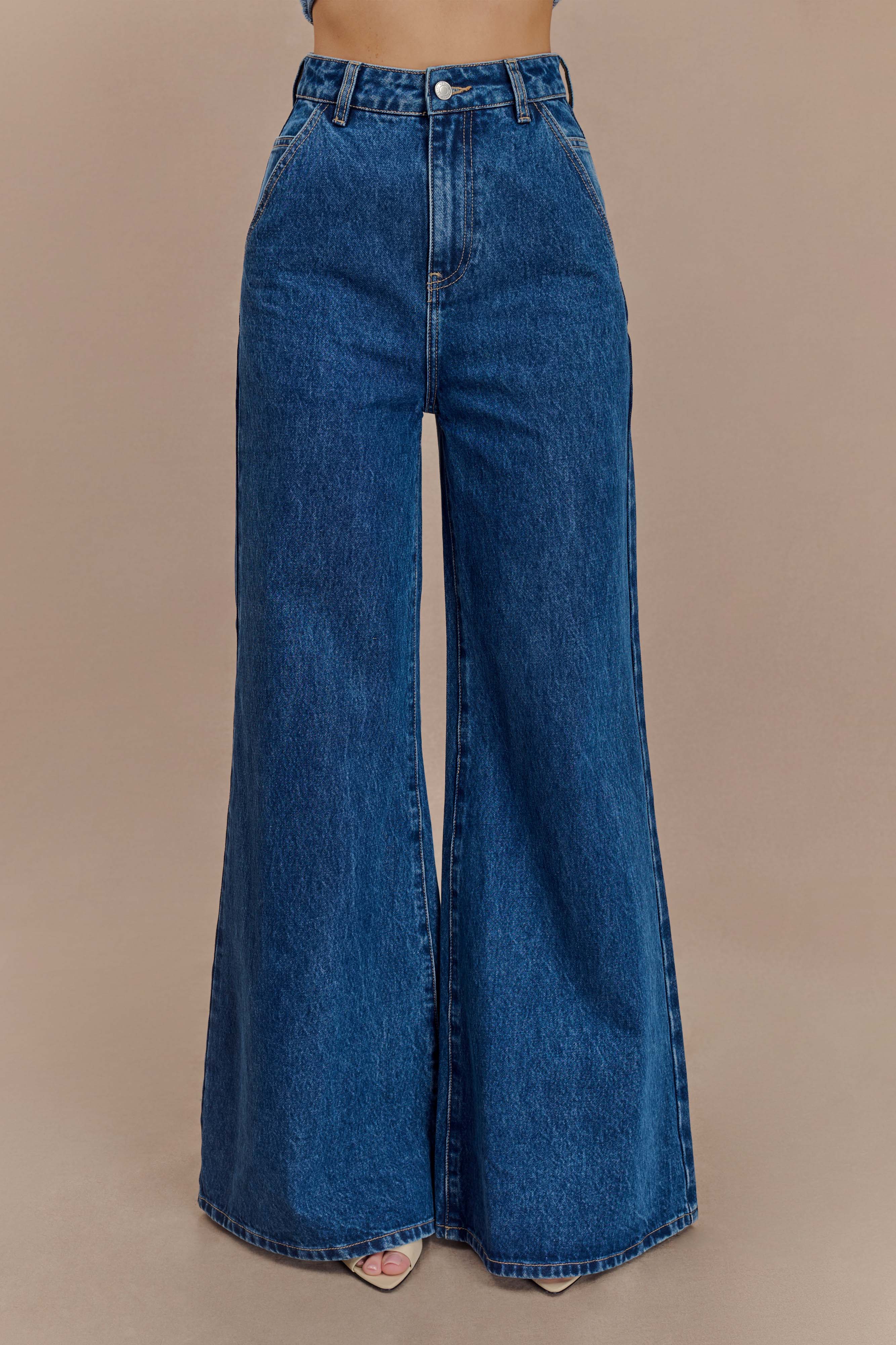 Jen Wide Leg Flare Denim Jeans - Dark Blue - Image 2