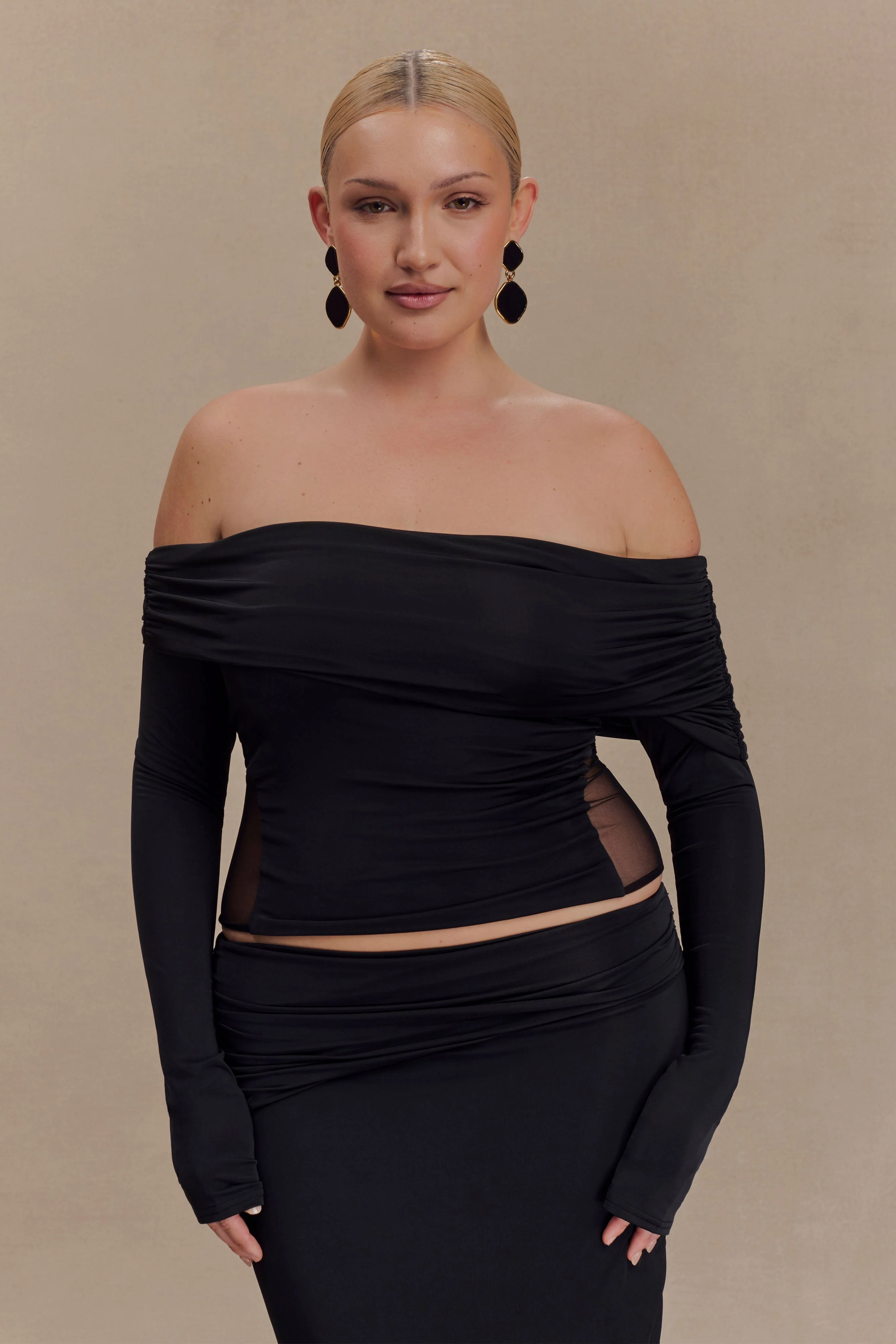 Judy Slinky And Mesh Off Shoulder Top - Black - Image 6