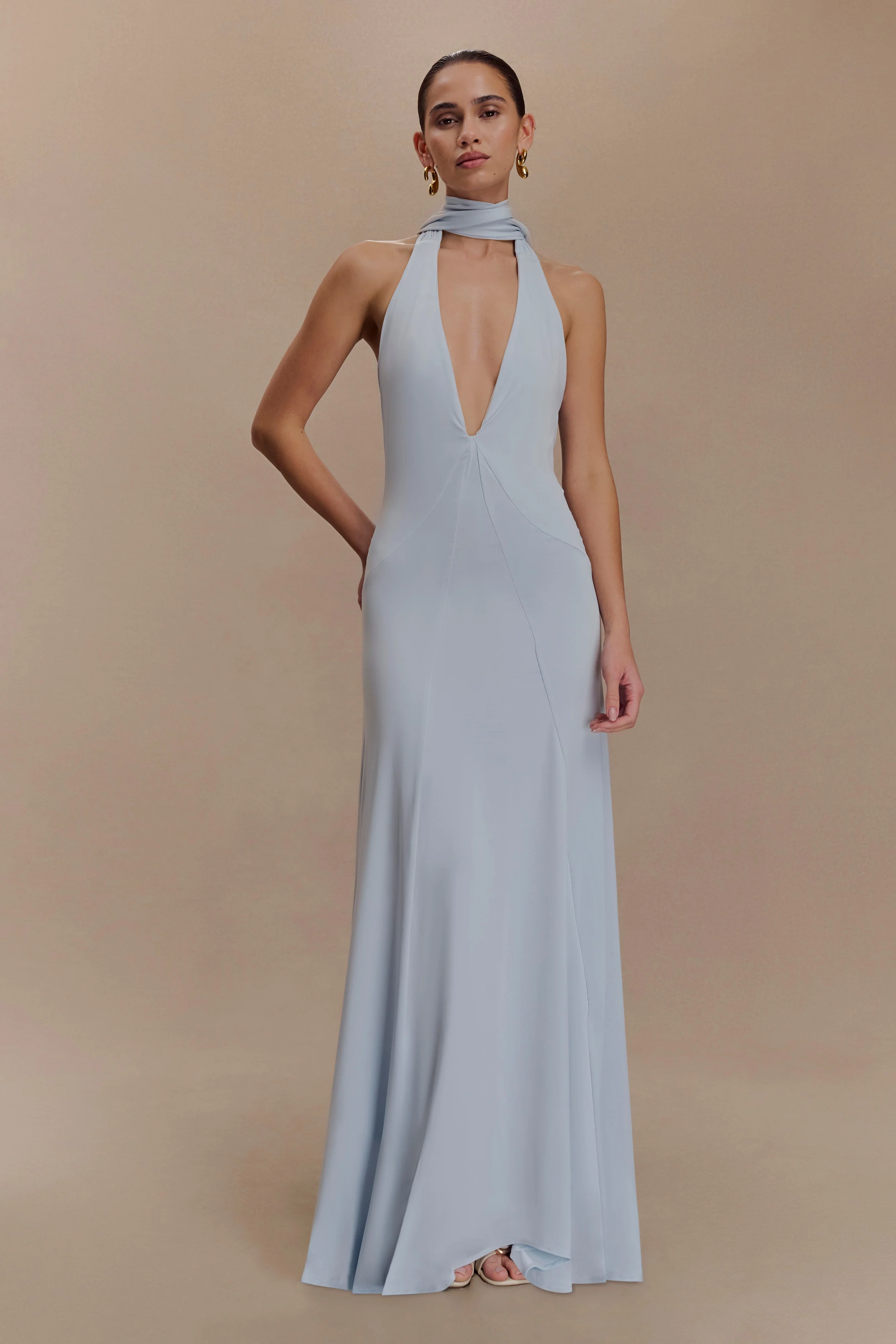 Juliet Slinky Maxi Dress With Scarf - Pale Blue - Image 5