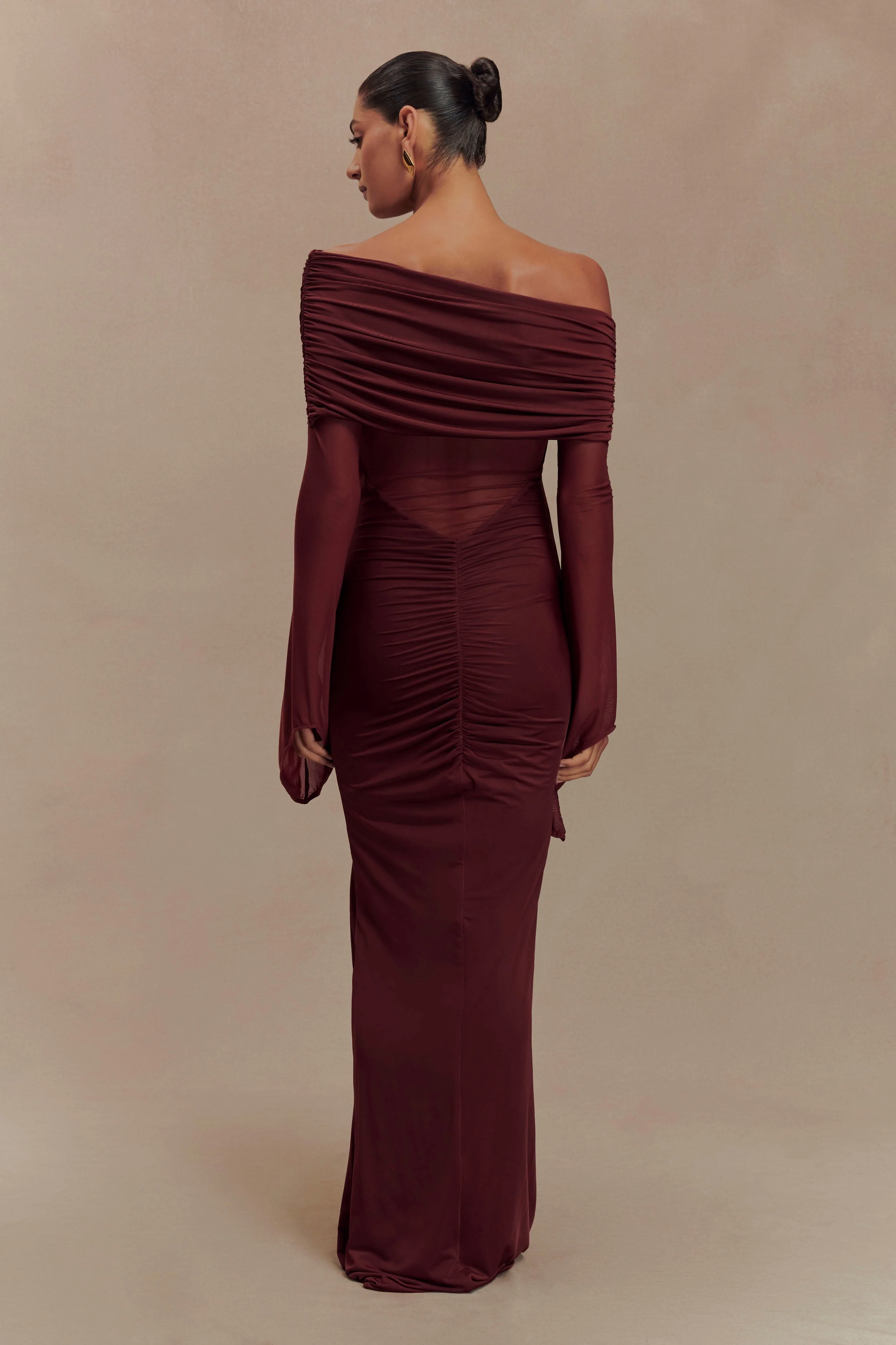 Kaitlin One Shoulder Slinky And Mesh Maxi Dress - Burgundy - Image 2