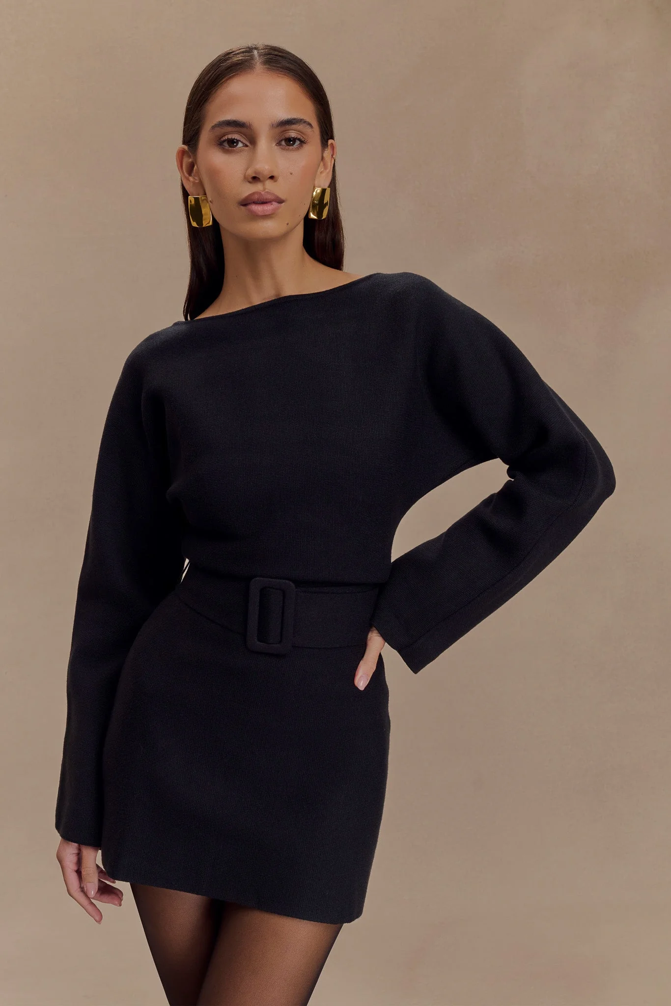 Kassie Belt Tie Knit Mini Dress - Black - Image 7