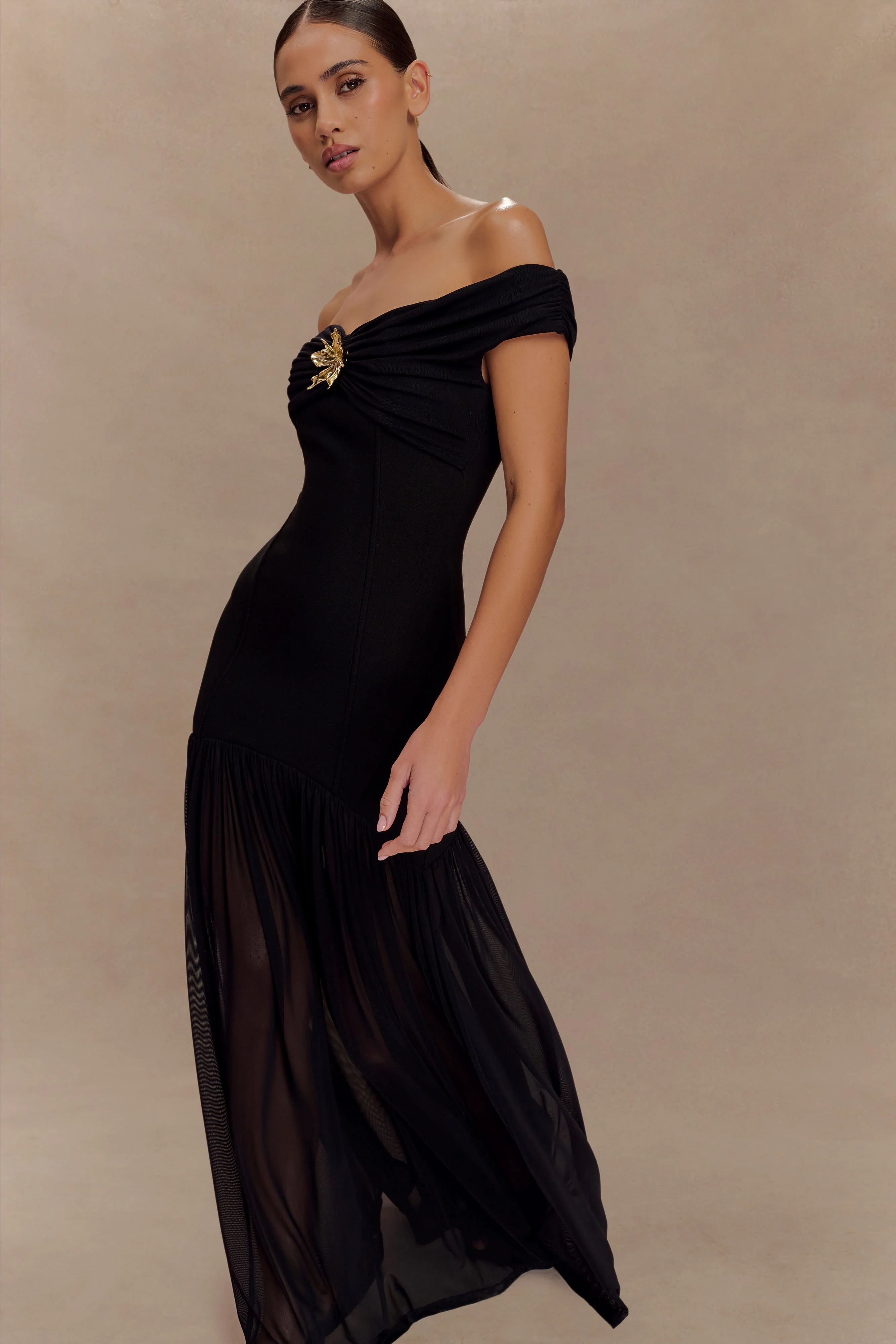 Kellie Off Shoulder Crepe Maxi Dress - Black - Image 6