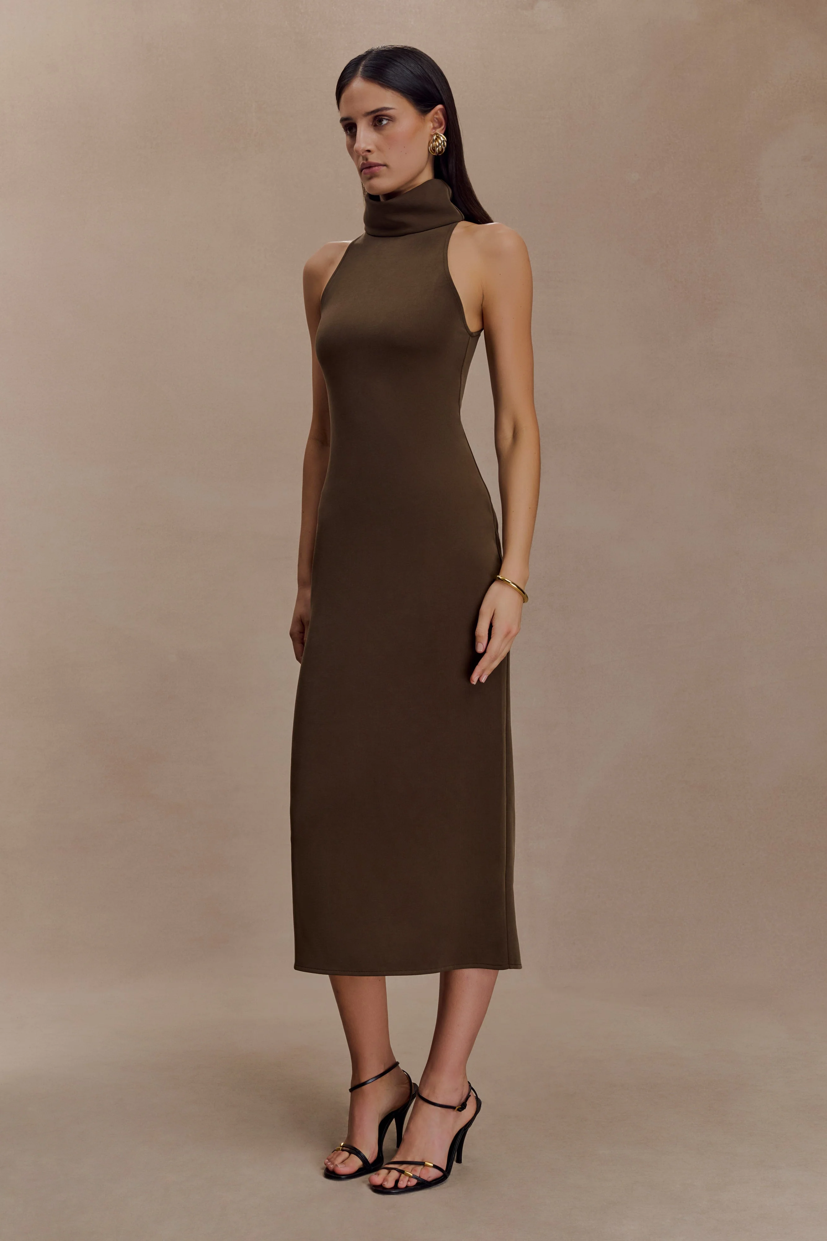 Kennedy High Neck Midi Dress - Chocolate - Image 5