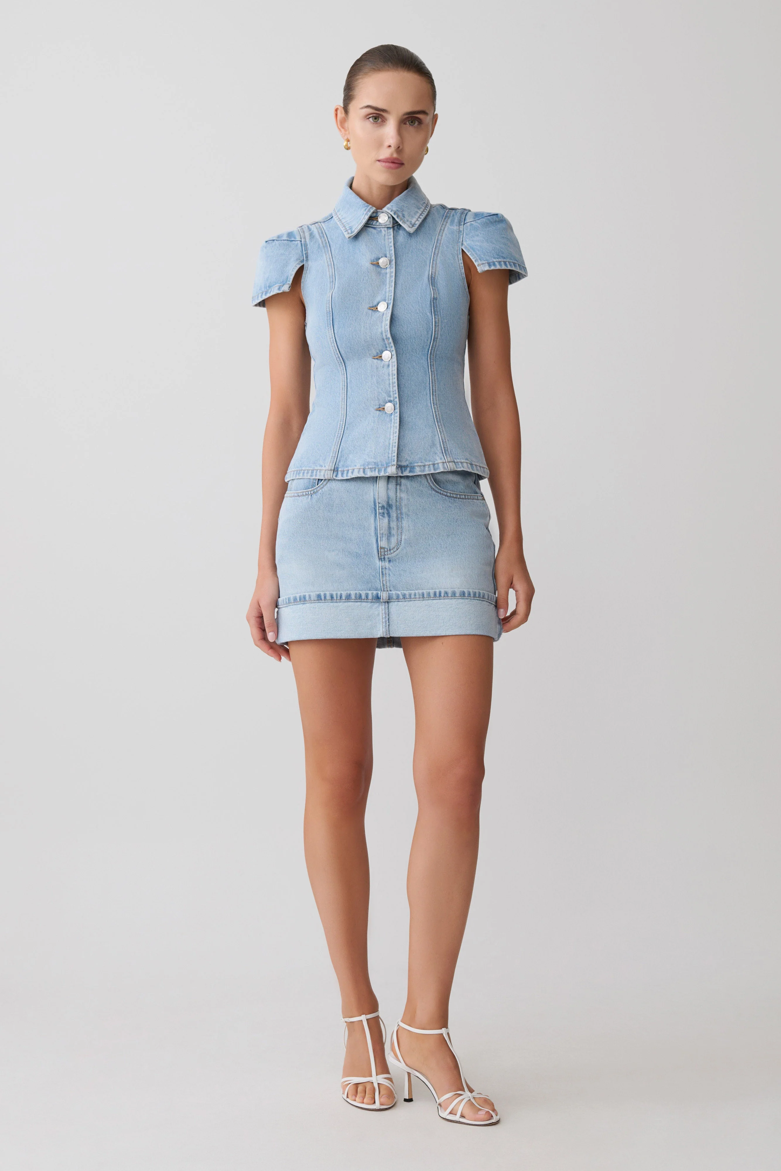 Lakoda Cuffed Denim Mini Skirt - Washed Light Blue - Image 3