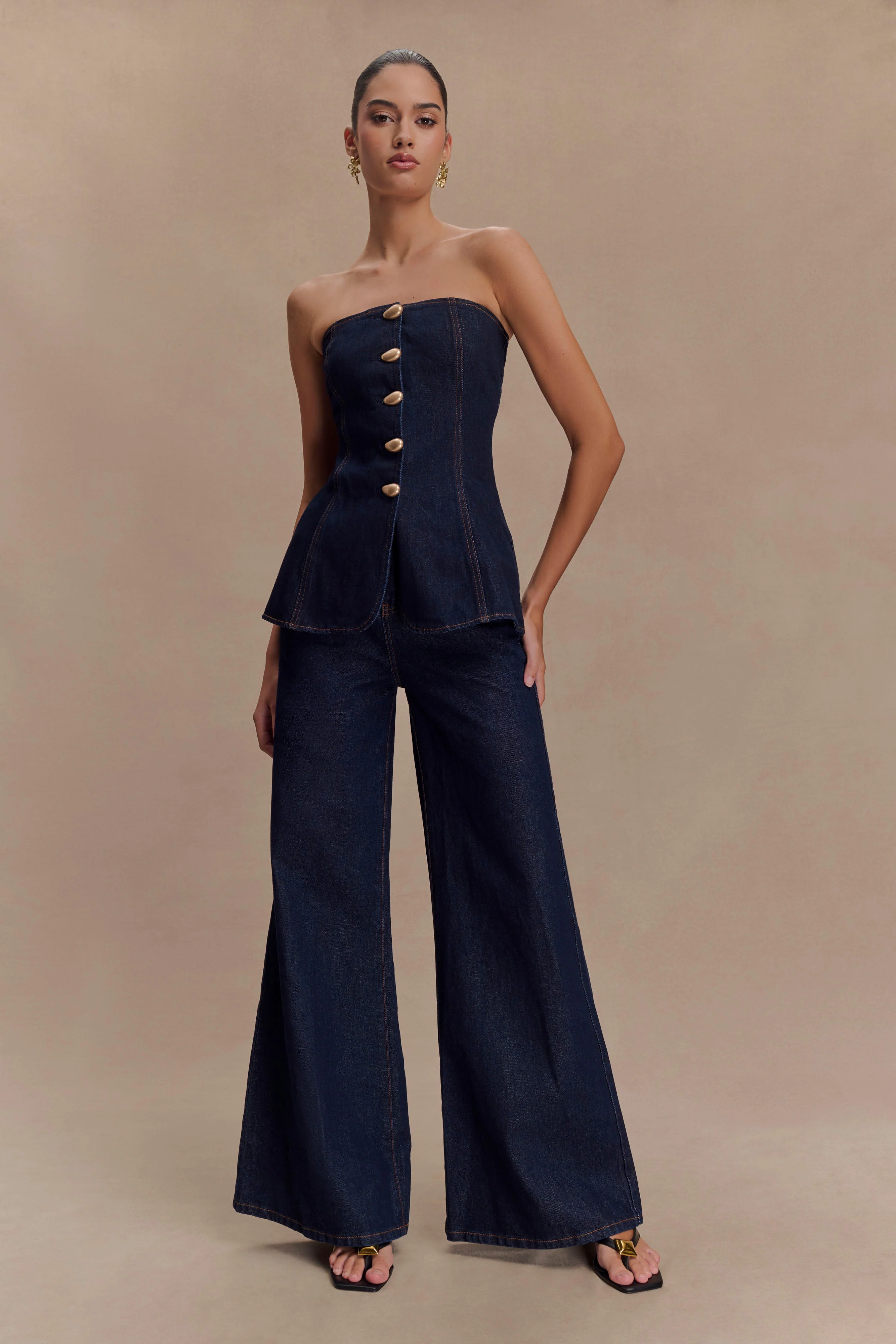Lennox Strapless Long Line Button Top - Indigo Blue - Image 7