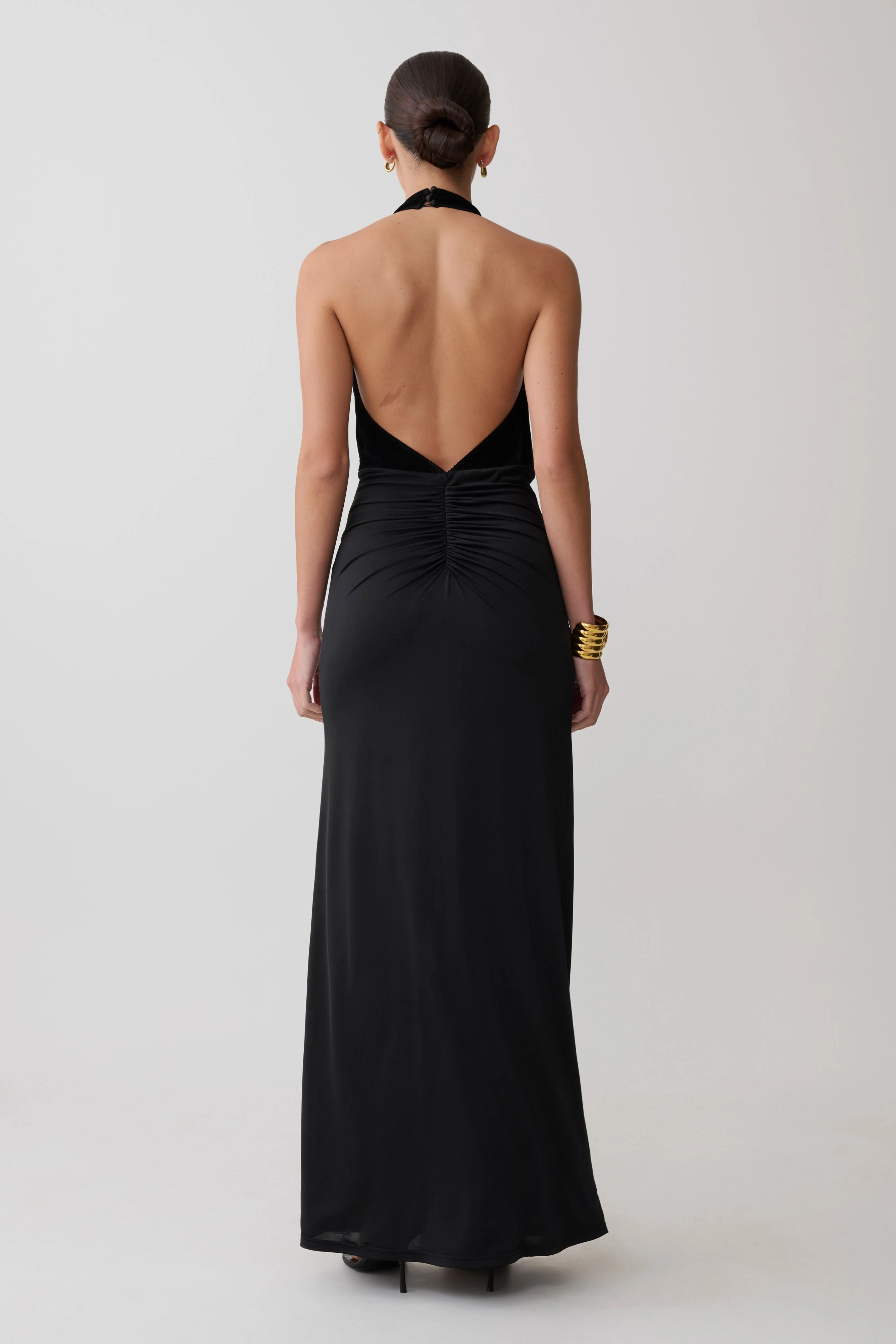 Lien Mesh Velvet Plunge Midi Dress - Black - Image 2