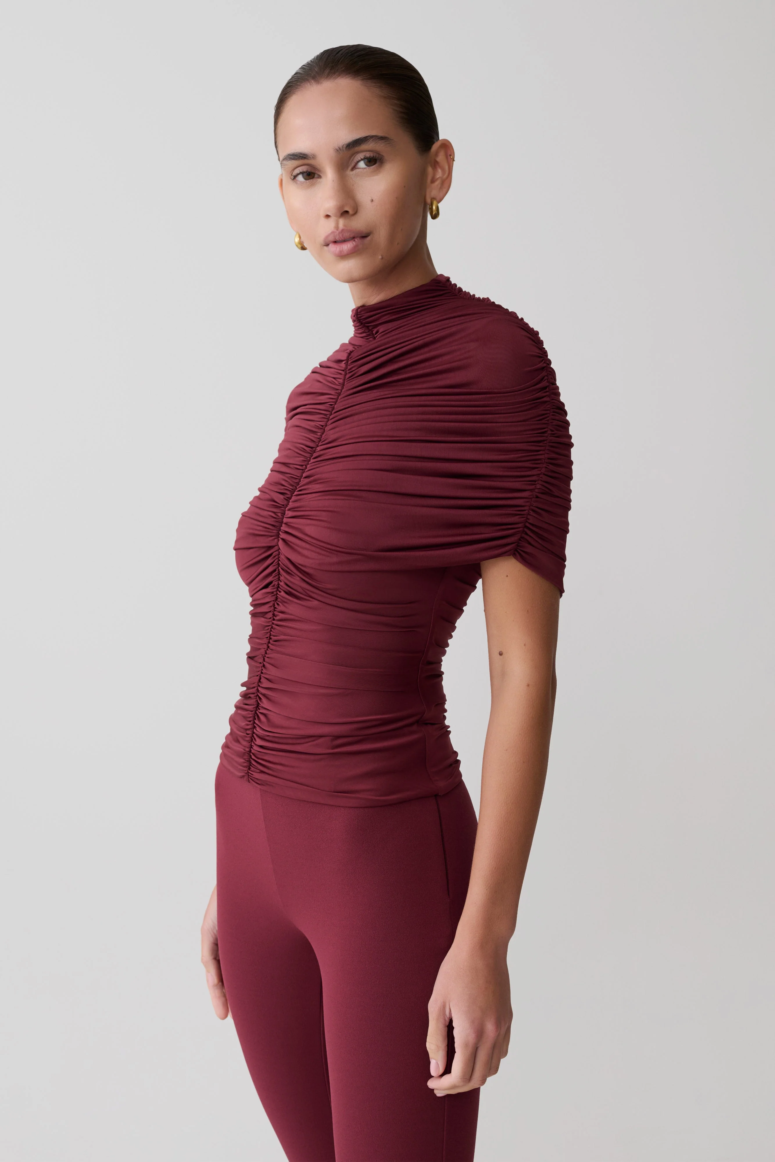 Linh Slinky High Neck Gathered Top - Mahogany - Image 5