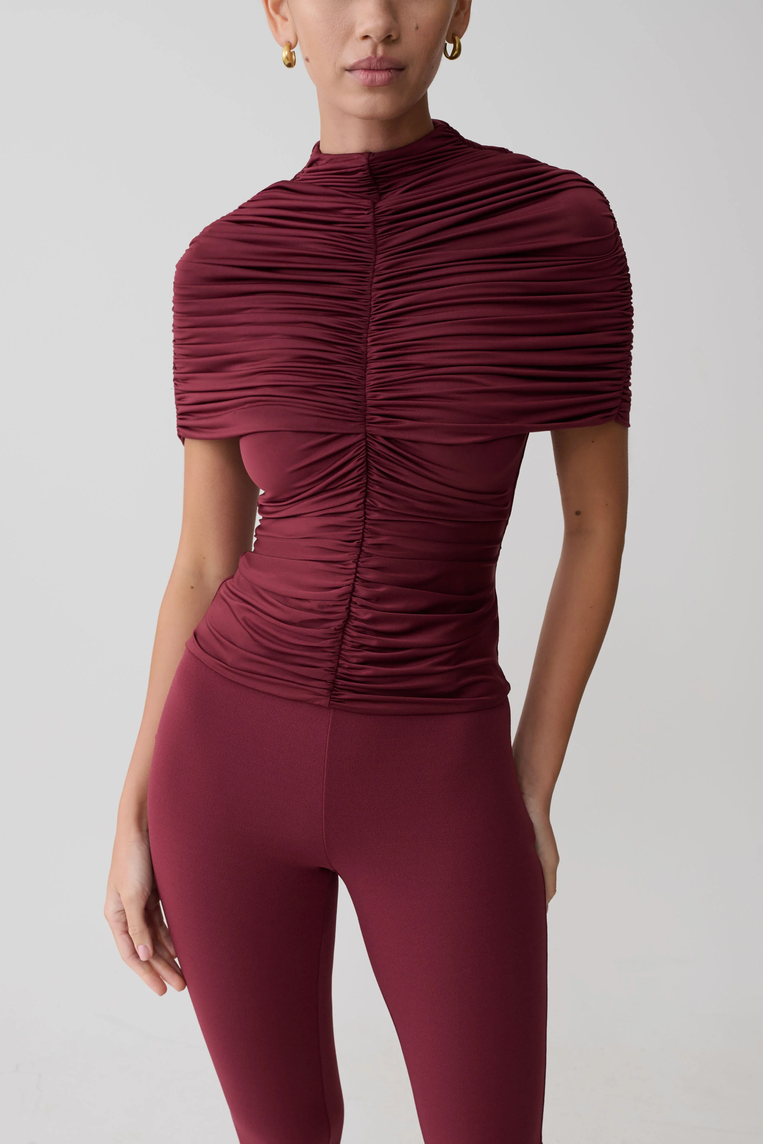 Linh Slinky High Neck Gathered Top - Mahogany - Image 9