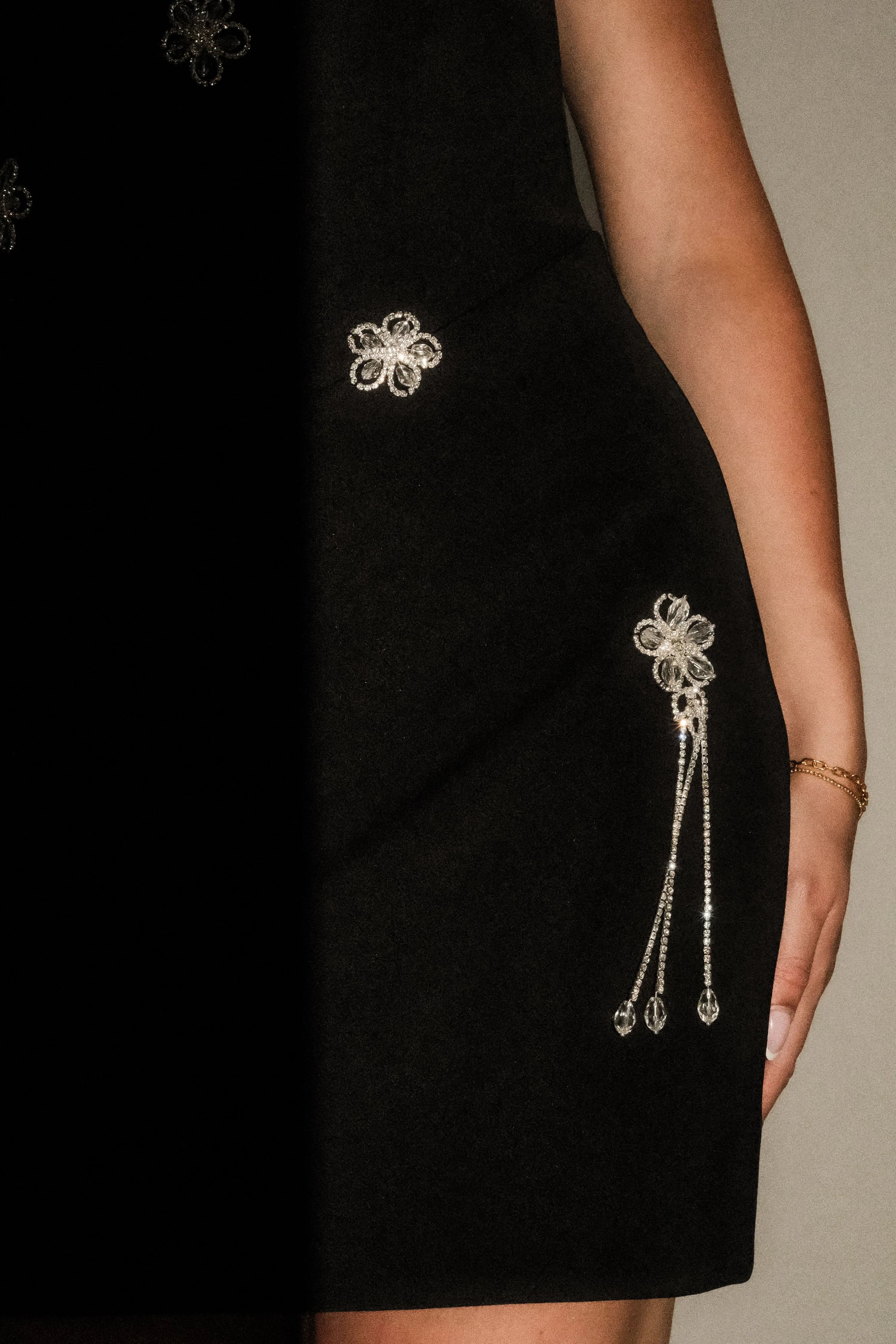 Liva Strapless Diamante Floral Trim Mini Dress - Black - Image 10