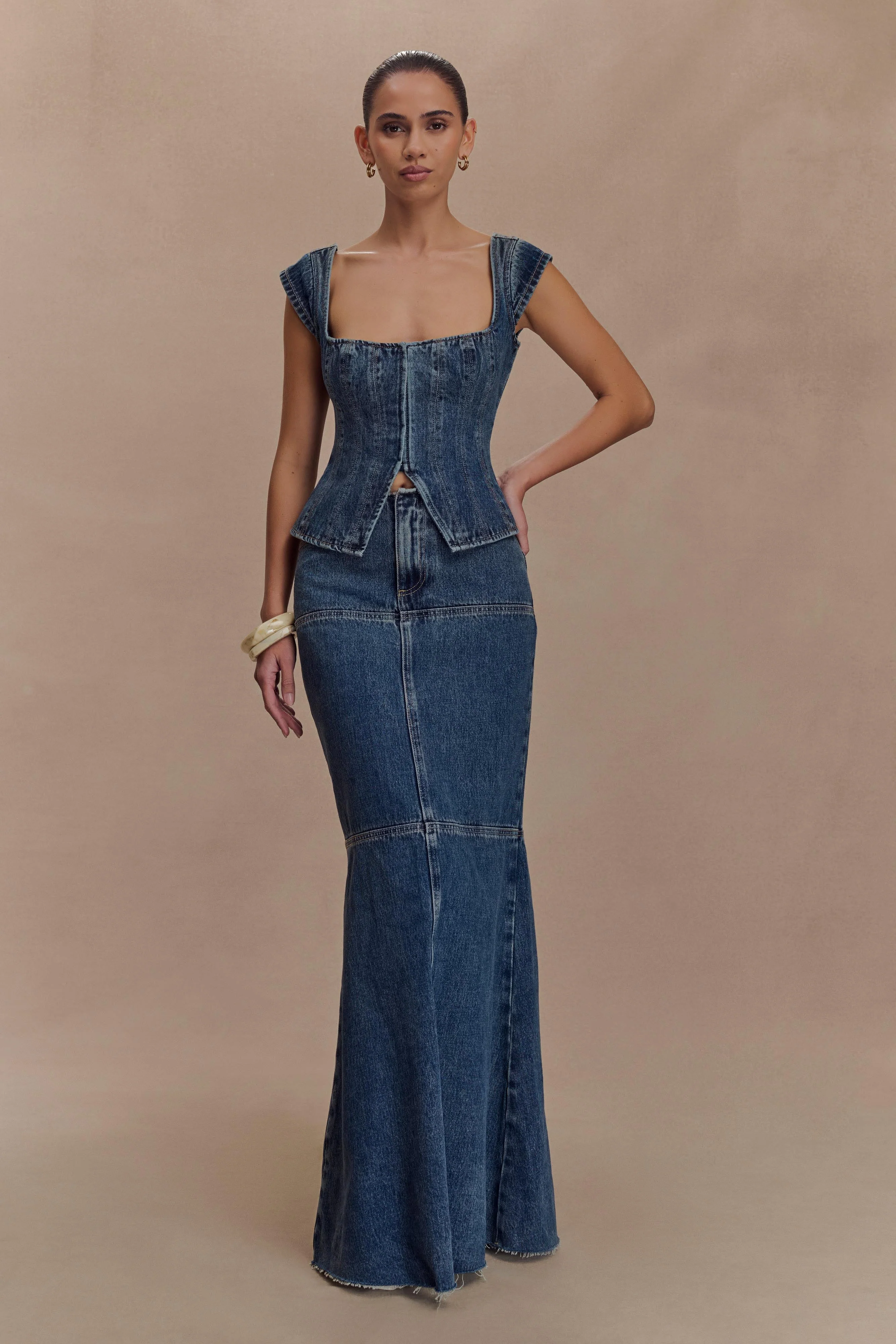 Loretta Cap Sleeve Denim Top - Washed Dark Blue - Image 6
