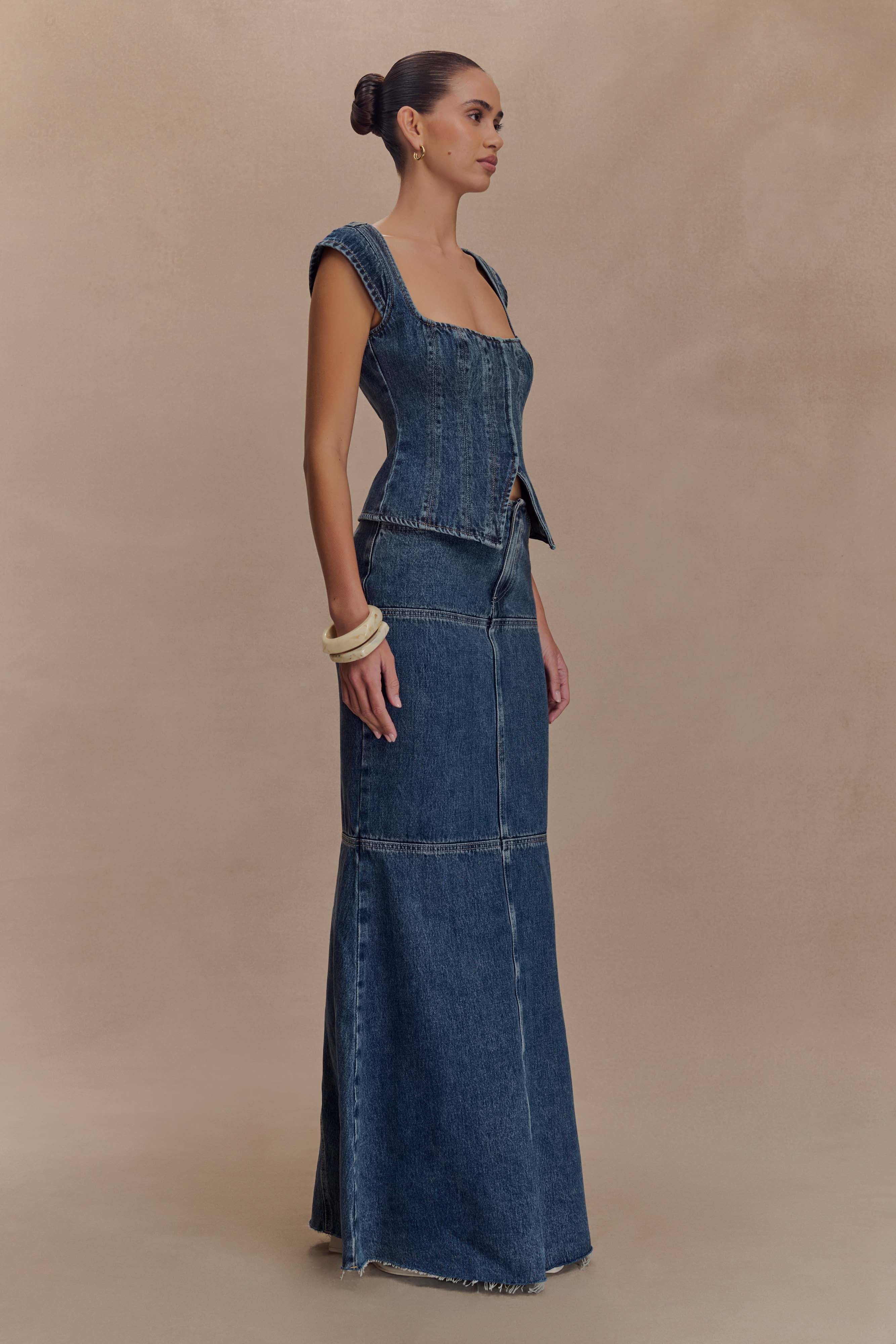 Loretta Denim Maxi Skirt - Washed Dark Blue - Image 4
