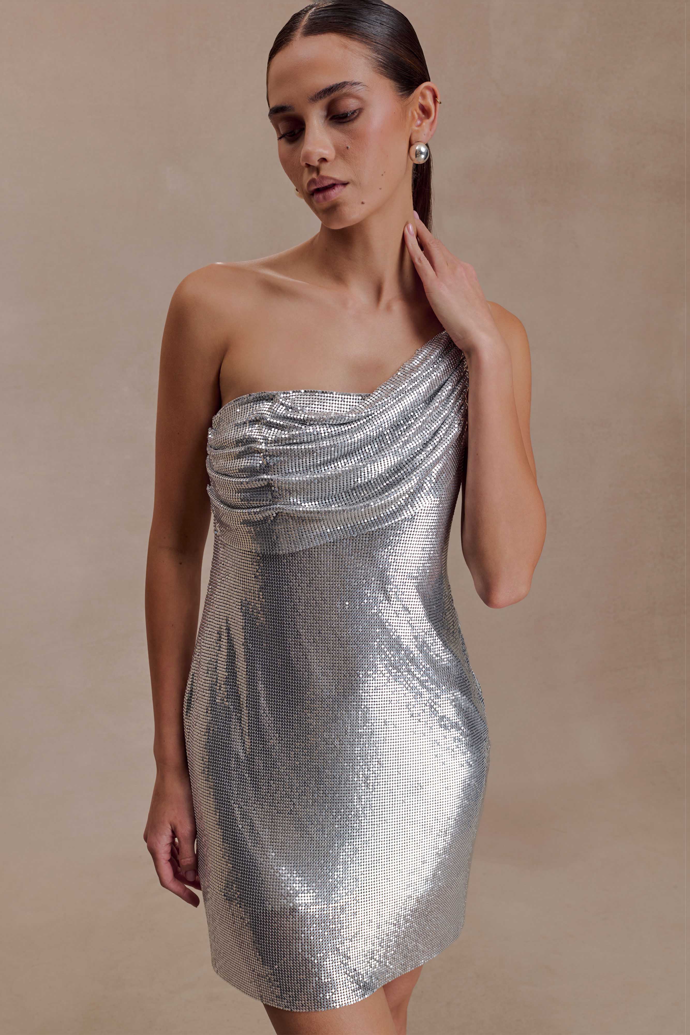 Lyle One Shoulder Glow Mesh Mini Dress - Silver - Image 8