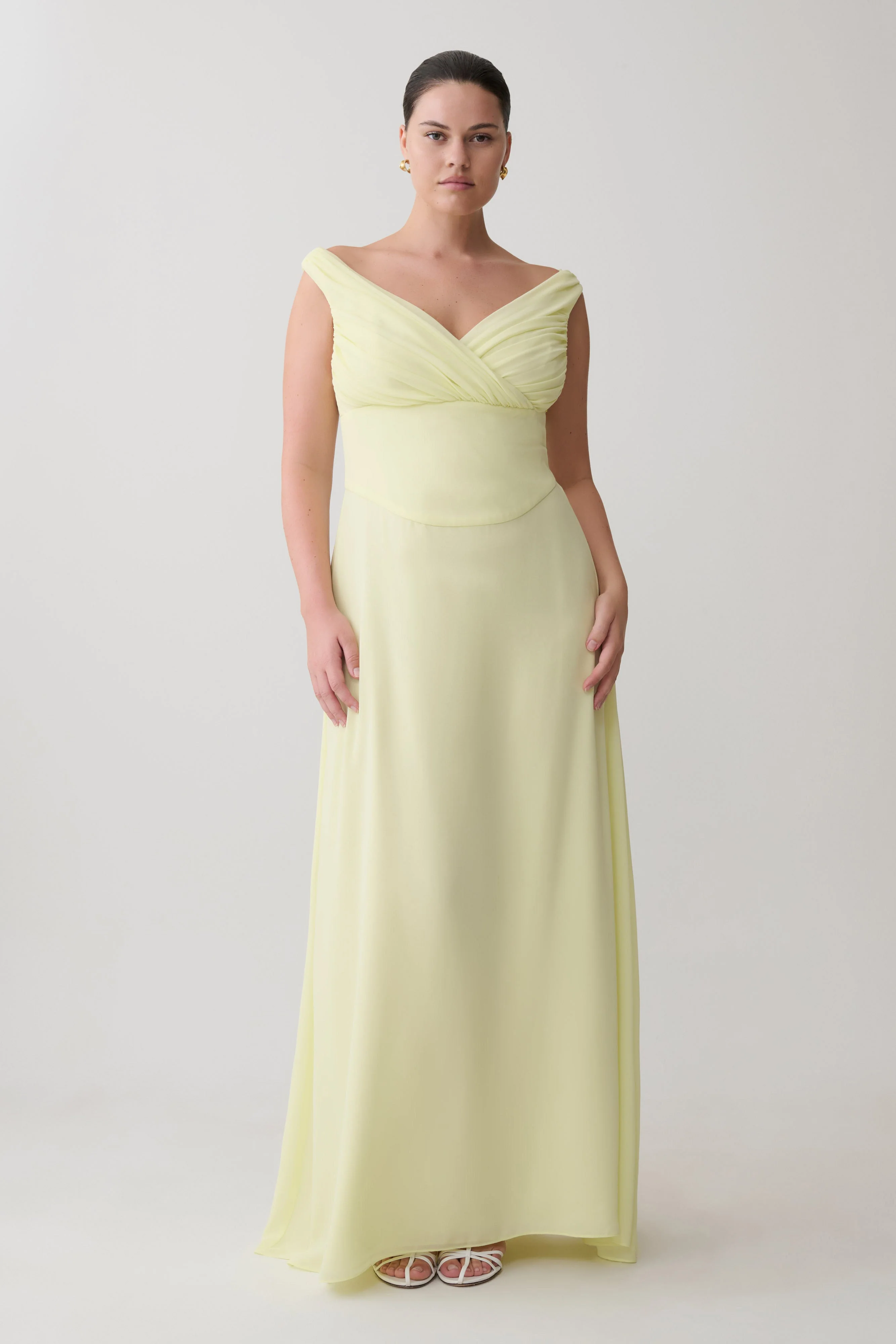 Mabel Off Shoulder Chiffon Maxi Dress - Lemon - Image 6