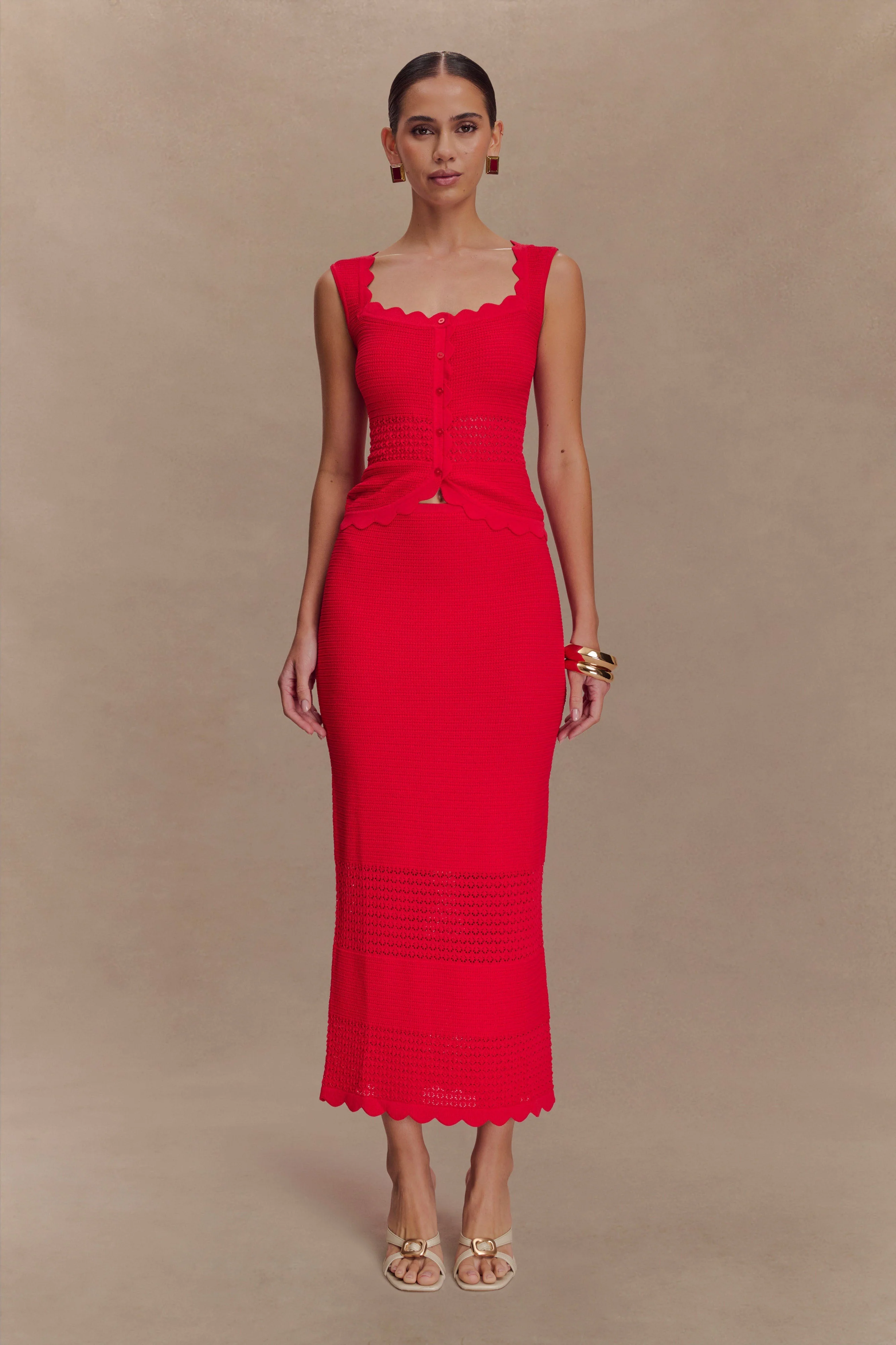 Madeline Scallop Knit Midi Skirt - Red - Image 3