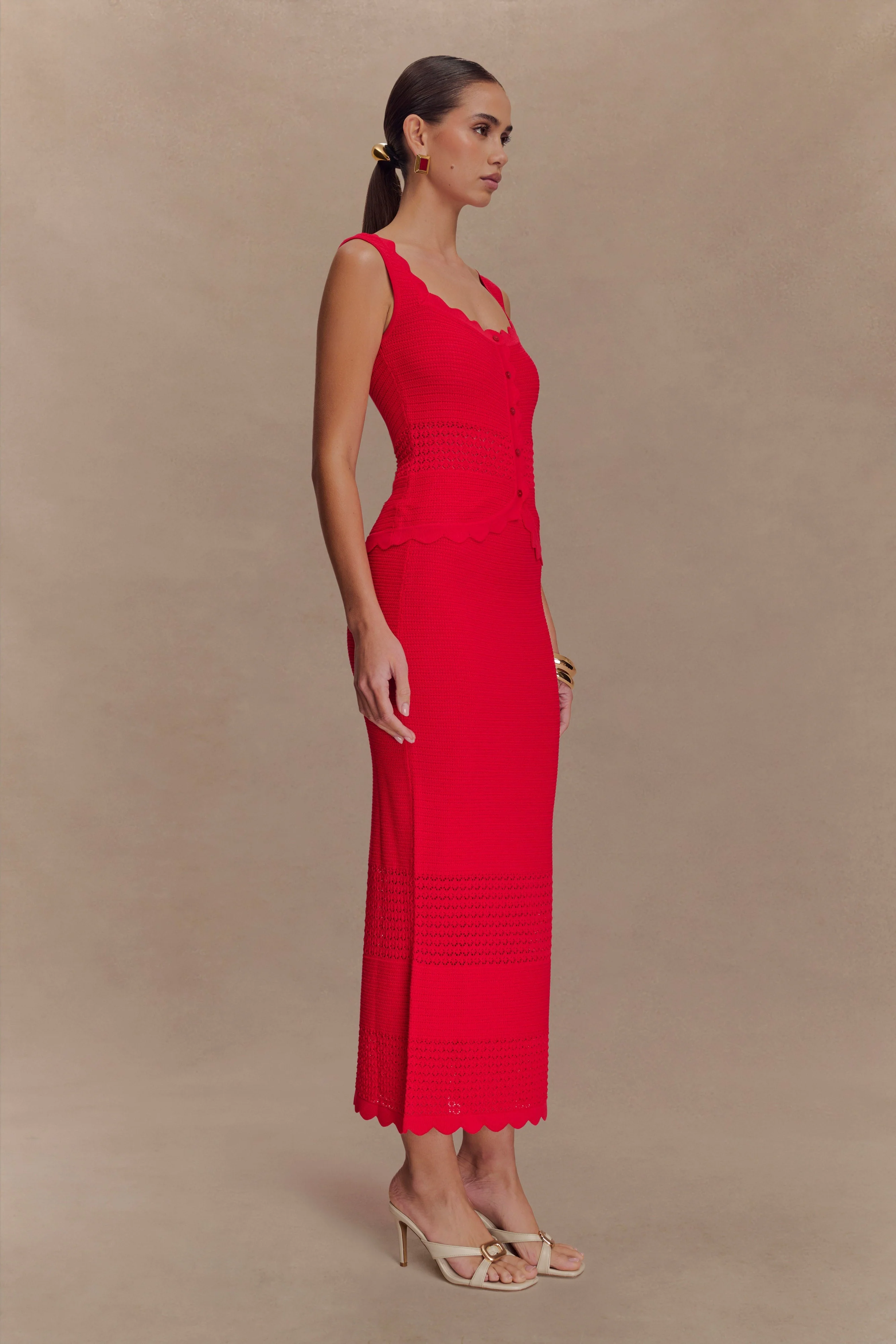 Madeline Scallop Knit Midi Skirt - Red - Image 4