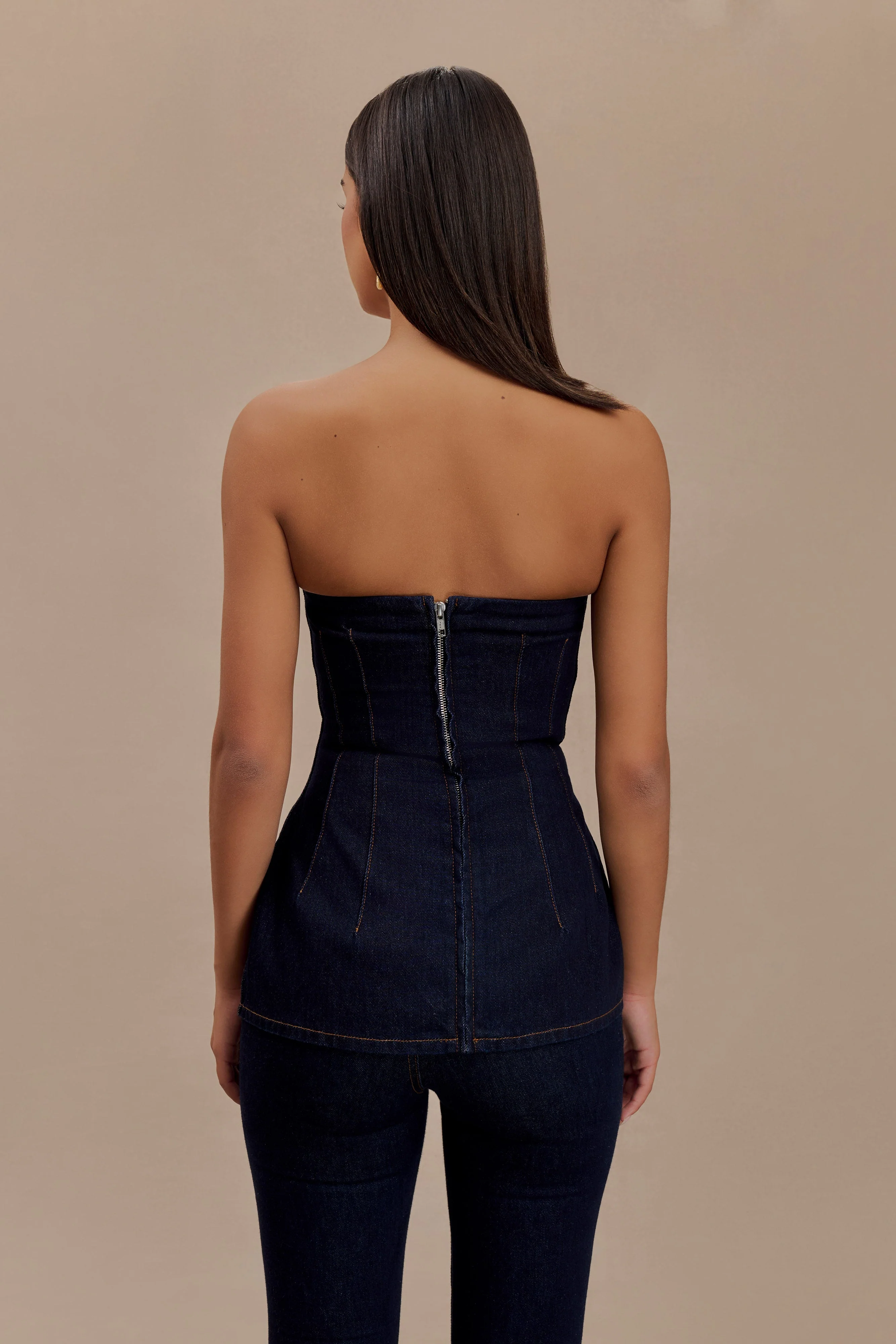 Madelyn Strapless Longline Denim Top - Indigo Blue - Image 2