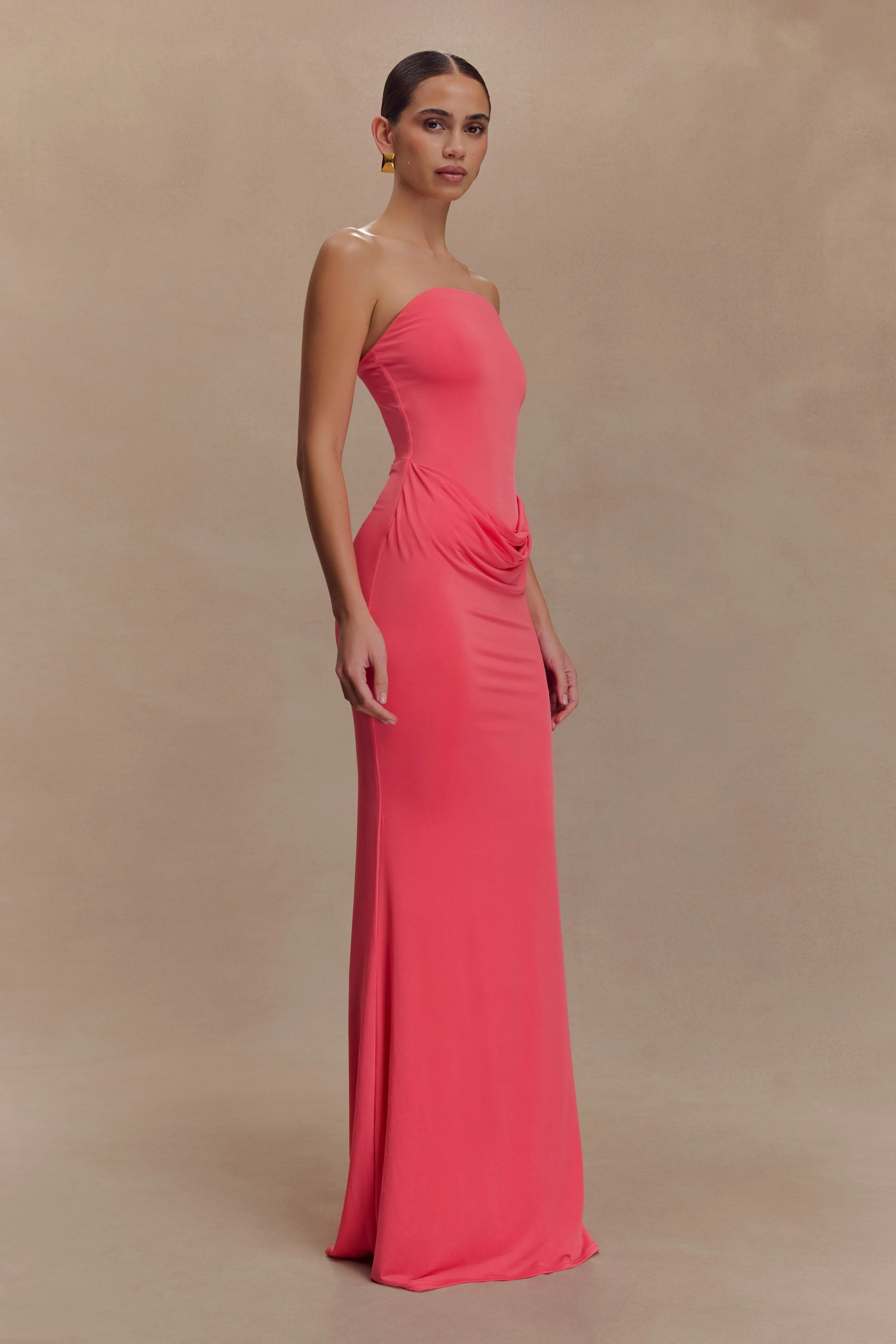 Madison Strapless Slinky Maxi Dress - Coral - Image 4