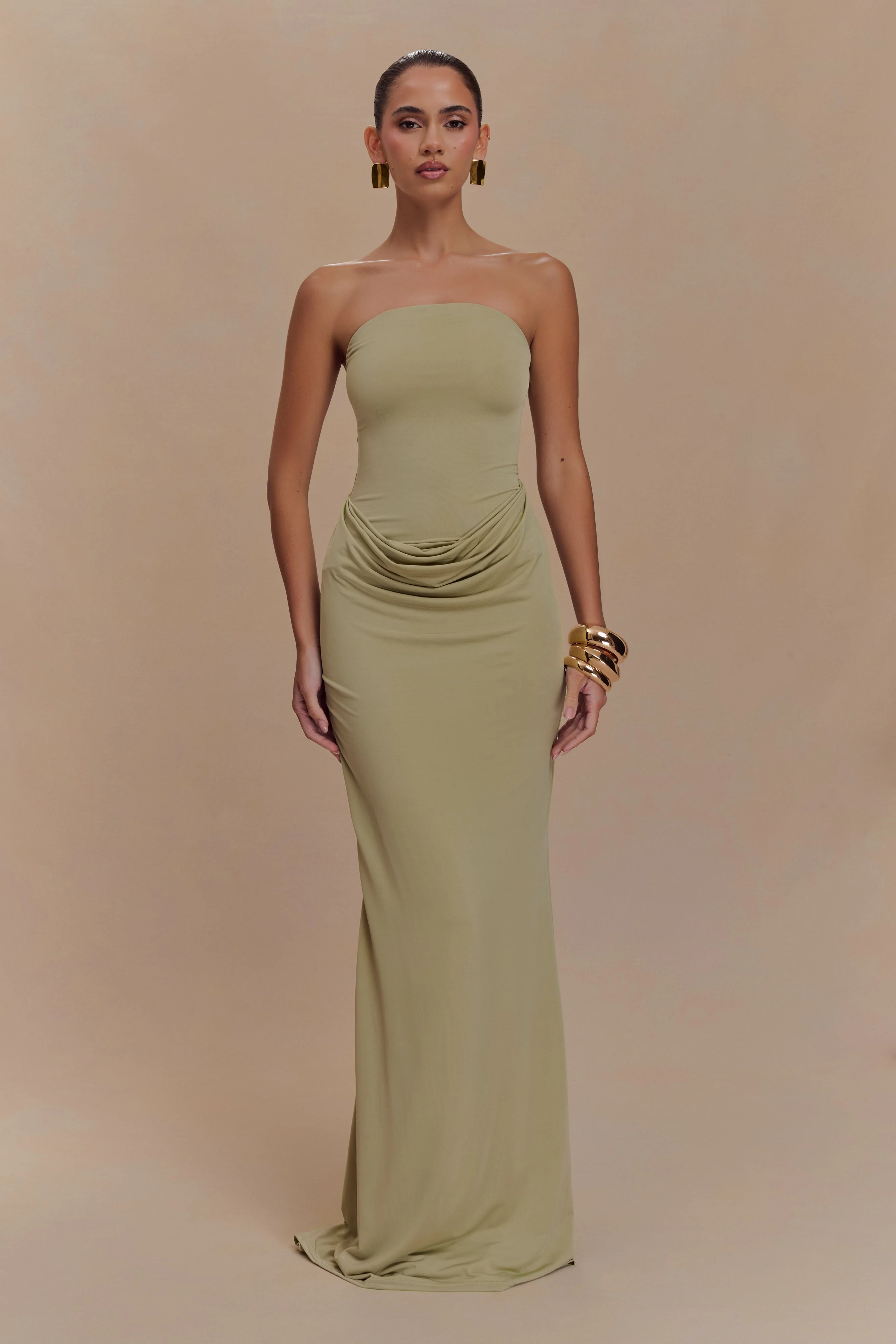 Madison Strapless Slinky Maxi Dress - Sage - Image 5