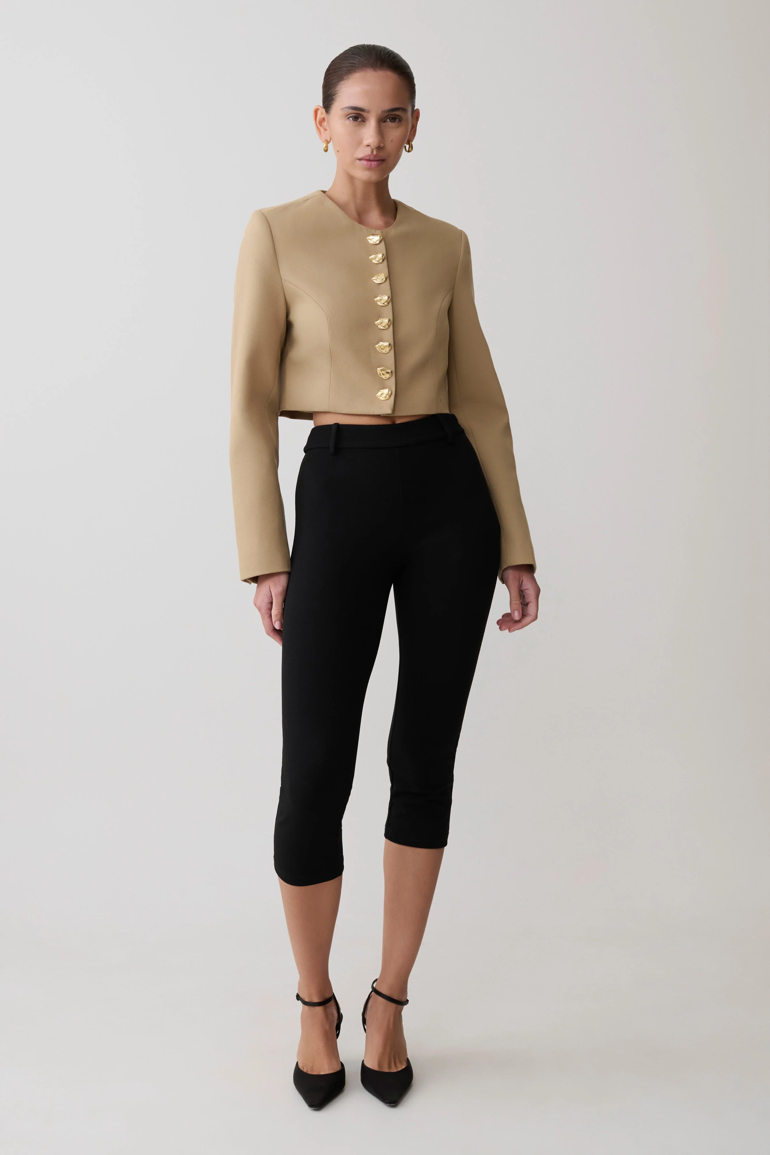 Marielle Button Up Cropped Jacket - Taupe - Image 3