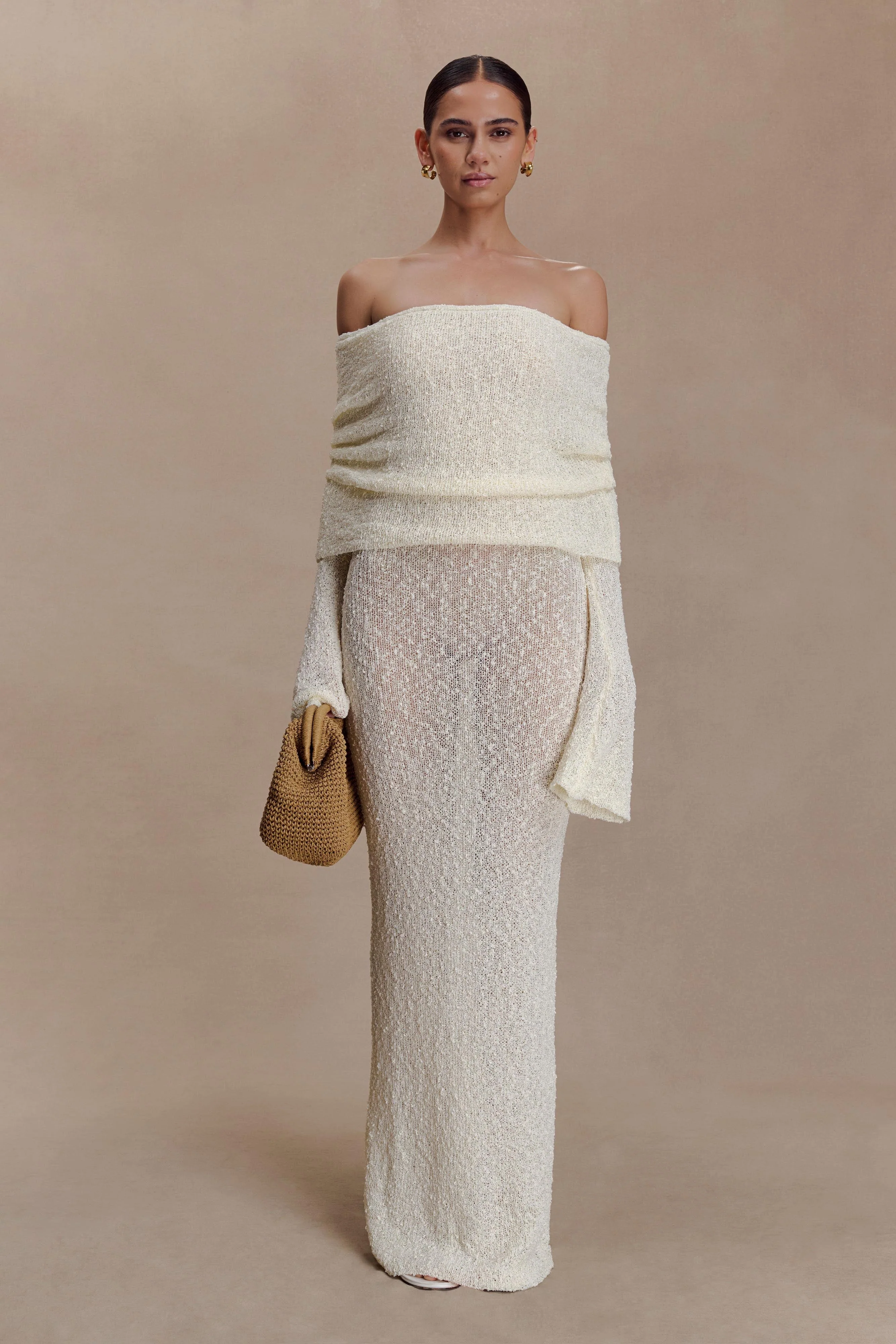 Marisol Off Shoulder Boucle Maxi Dress - Ivory - Image 4