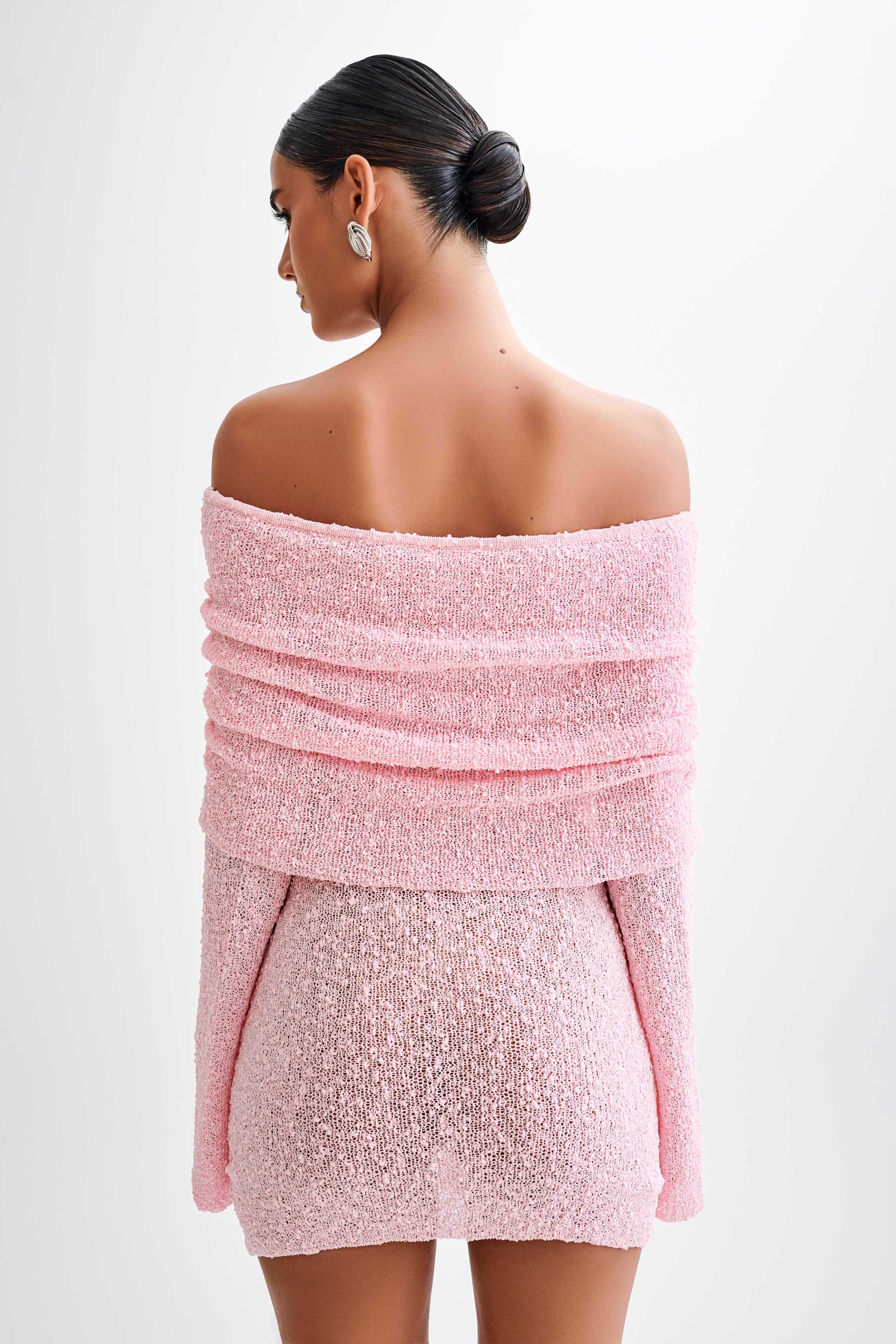 Marisol Off Shoulder Boucle Mini Dress - Baby Pink - Image 3