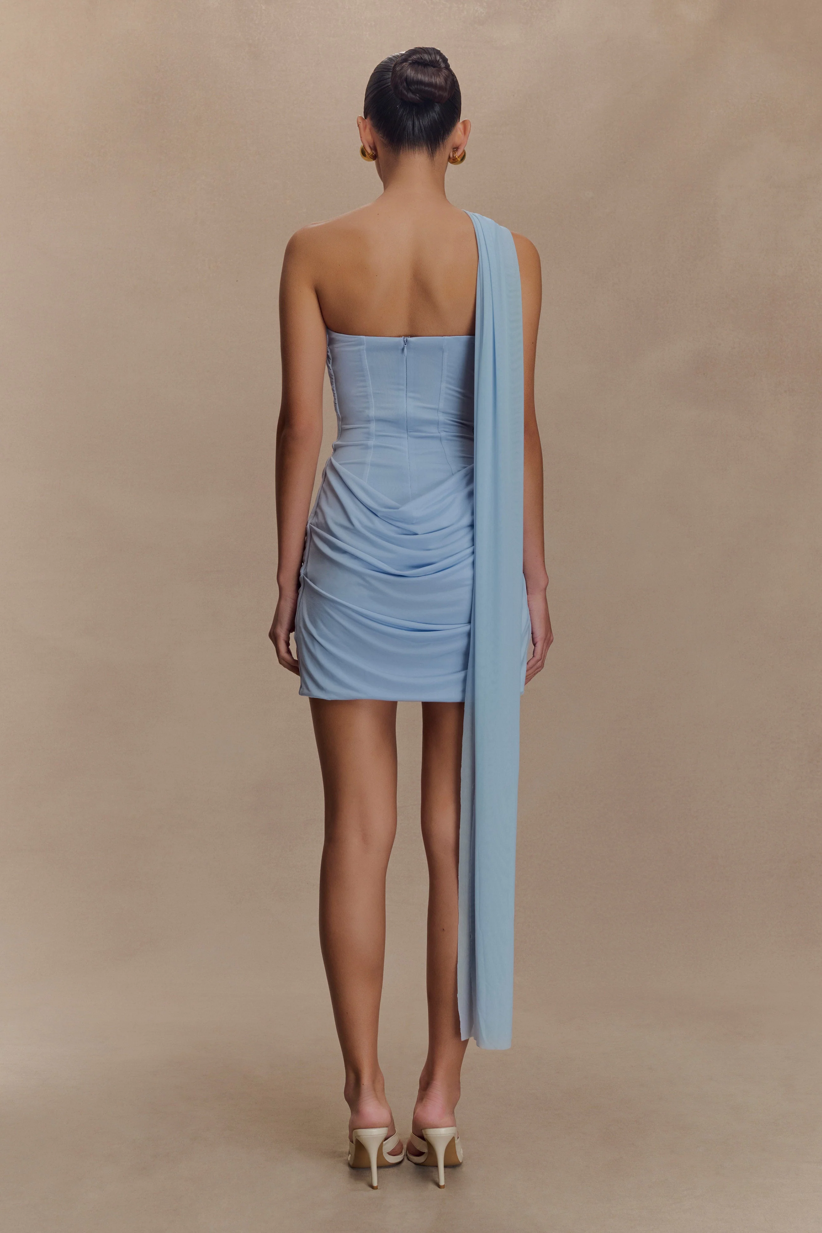 Mattea Slinky And Mesh Mini Dress With Scarf - Powder Blue - Image 2