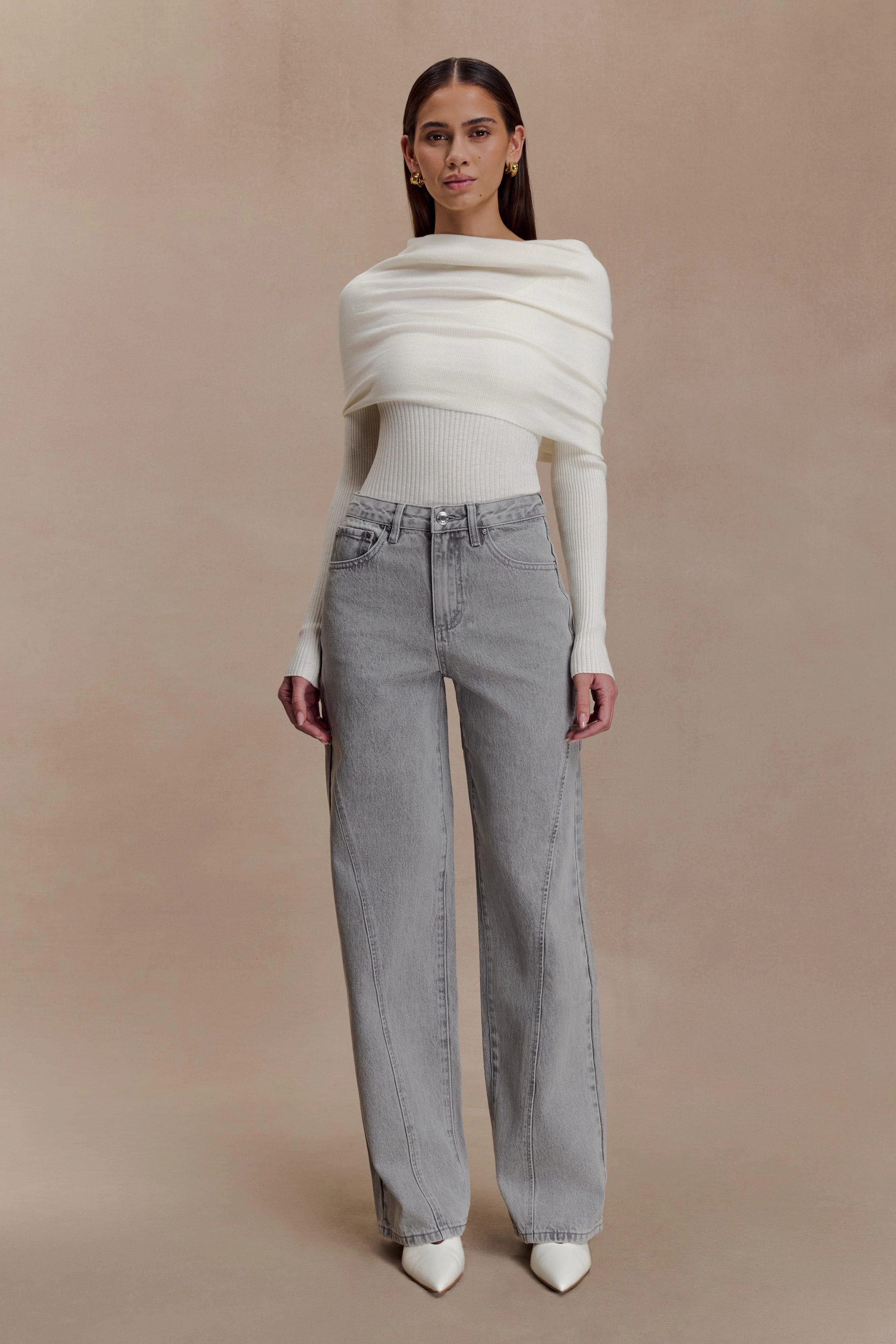 Mazie Asymetrical Cashmere Blend Long Sleeve Knit Top - Ivory - Image 7