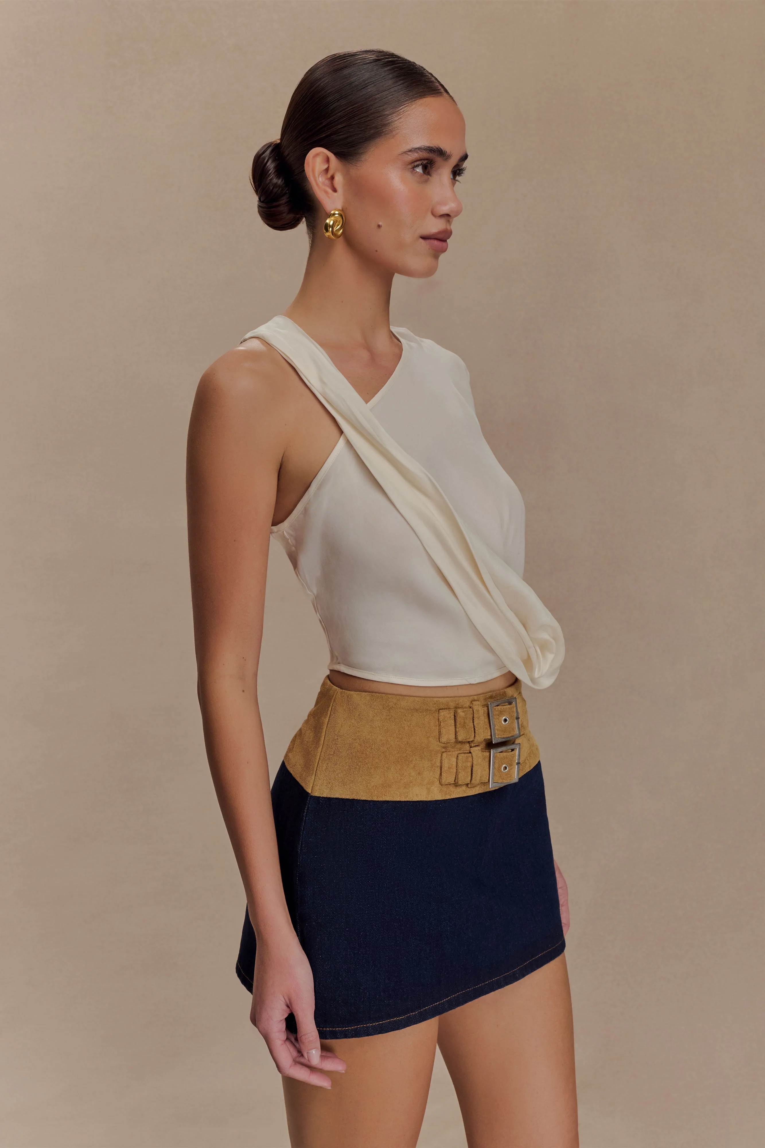 Miranda Faux Suede Belted Denim Mini Skirt - Indigo Blue - Image 4
