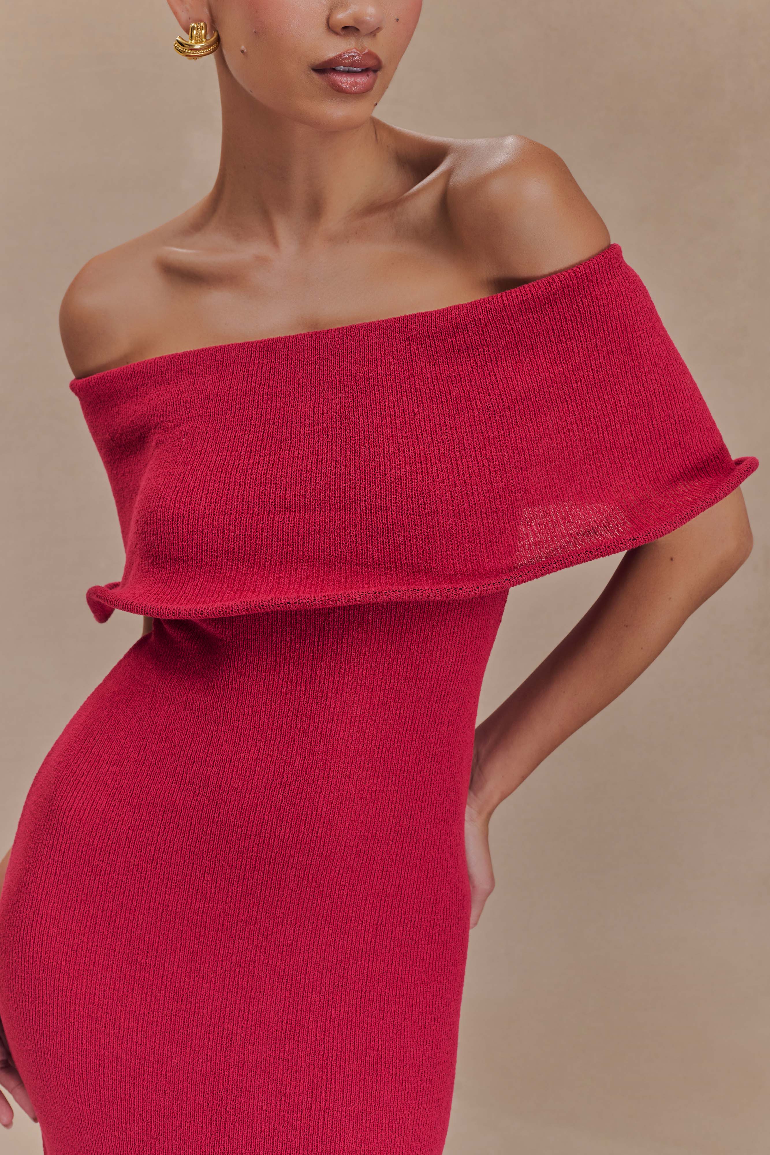 Molly Off Shoulder Knit Midi Dress - Raspberry - Image 2