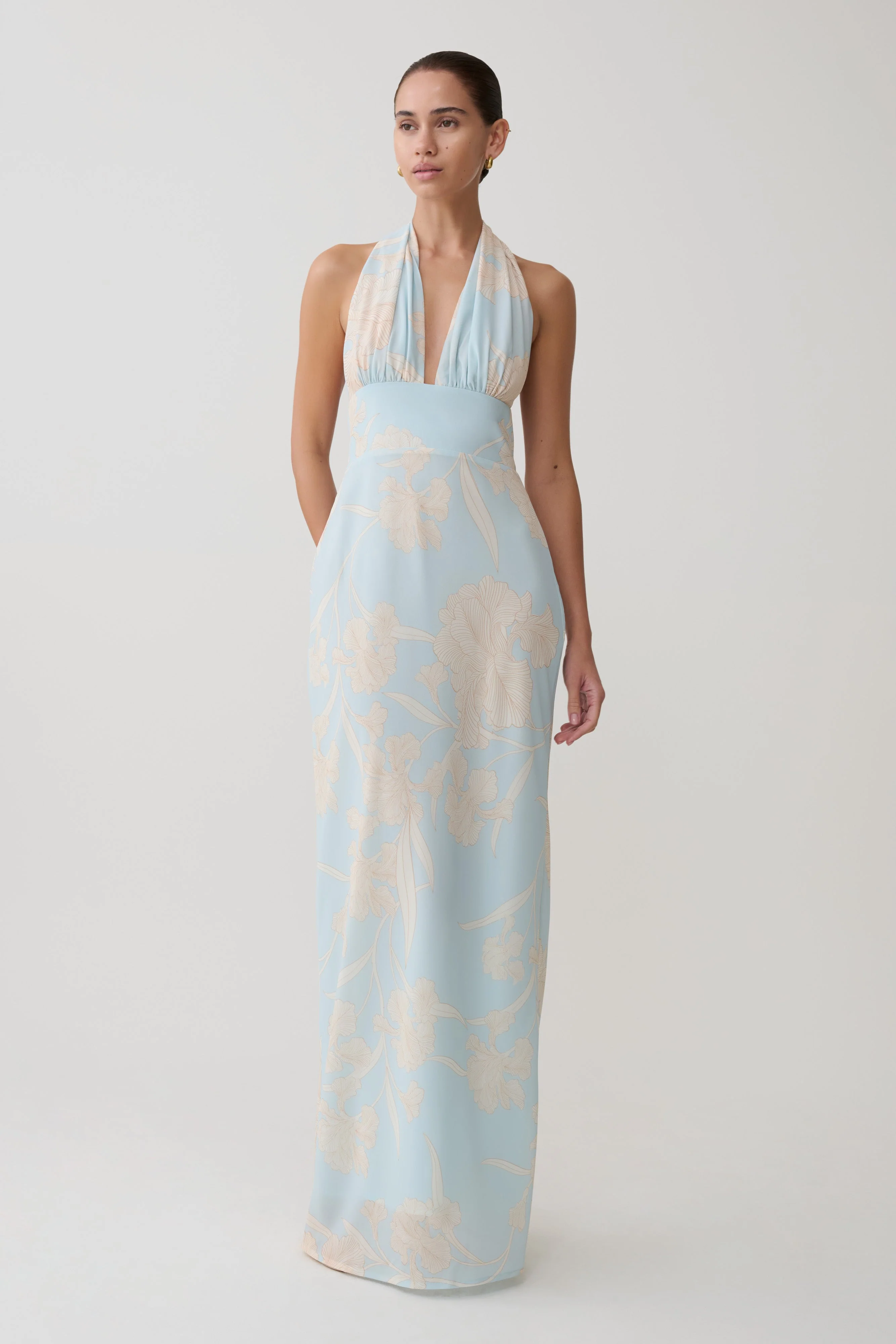 Nadine Halter Scarf Chiffon Maxi Dress - Blue Floral Print - Image 2