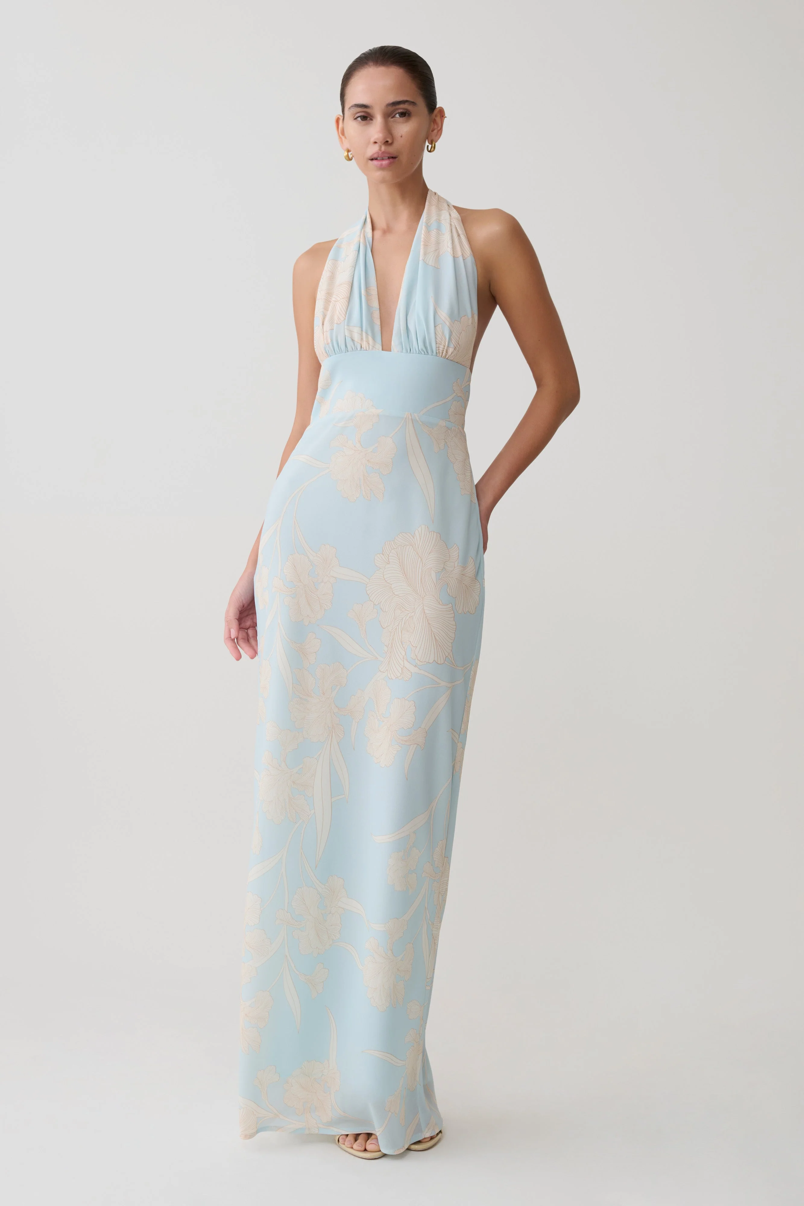 Nadine Halter Scarf Chiffon Maxi Dress - Blue Floral Print - Image 5