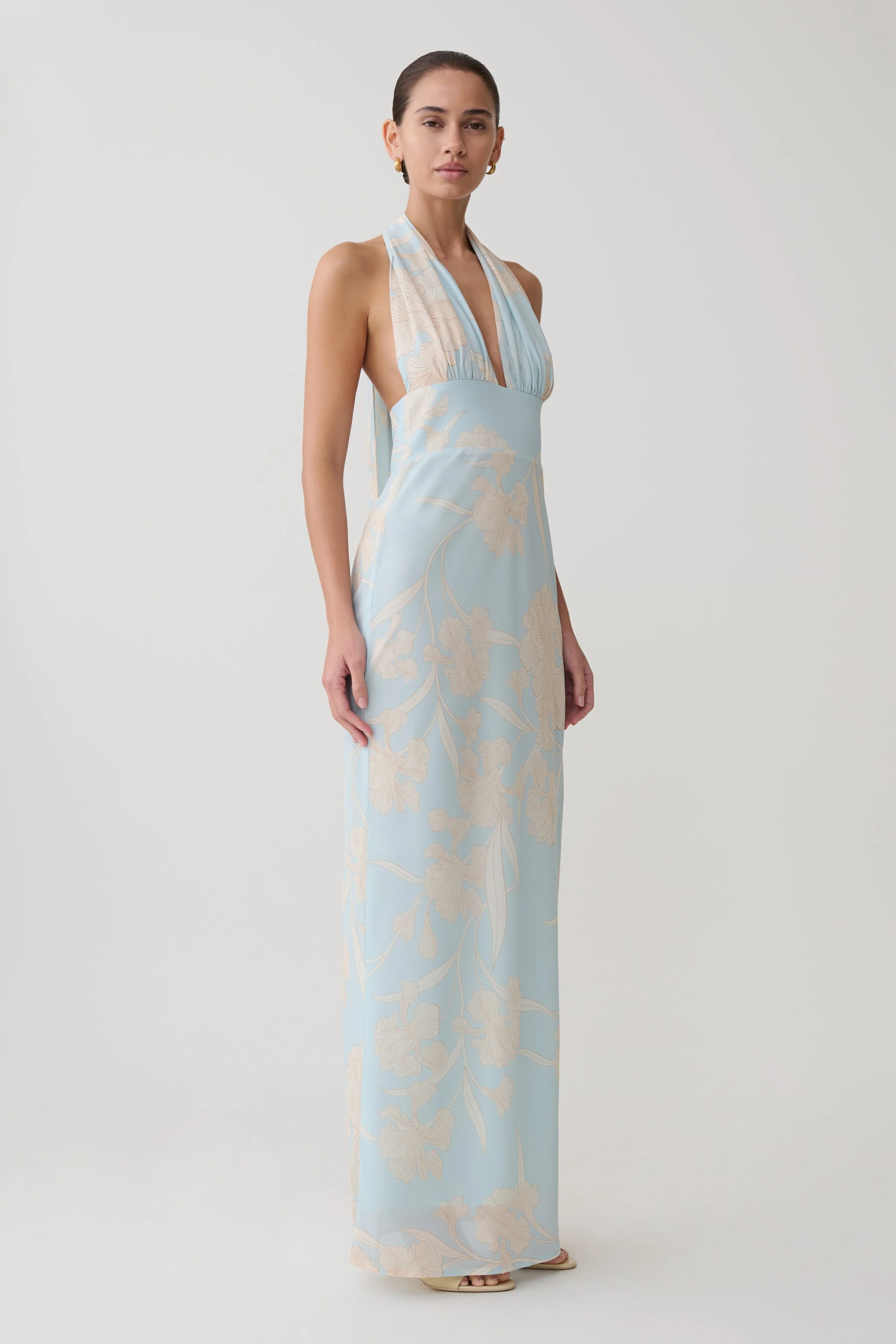 Nadine Halter Scarf Chiffon Maxi Dress - Blue Floral Print - Image 6