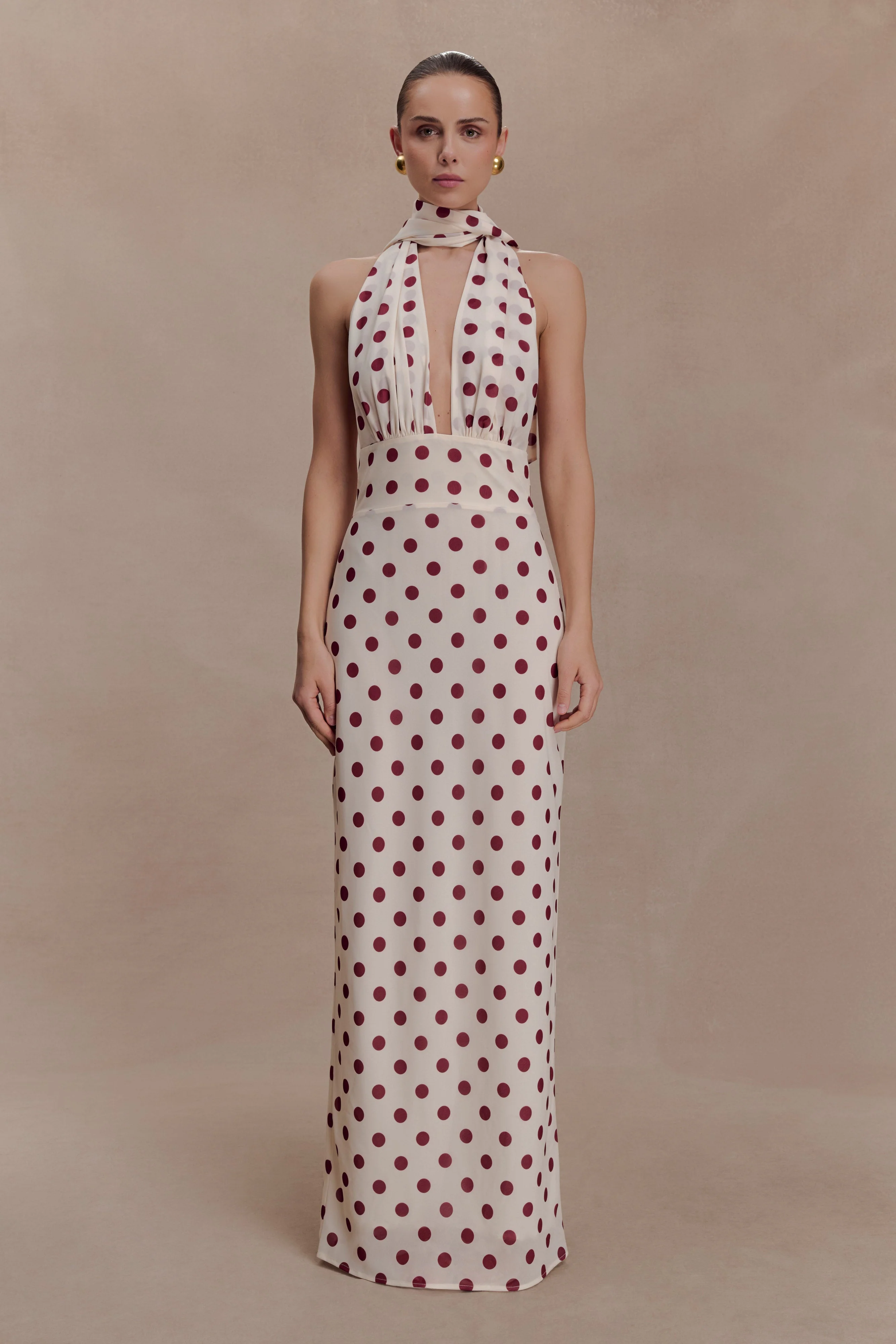 Nadine Halter Chiffon Maxi Dress - Ivory/Merlot Polka Dot - Image 2