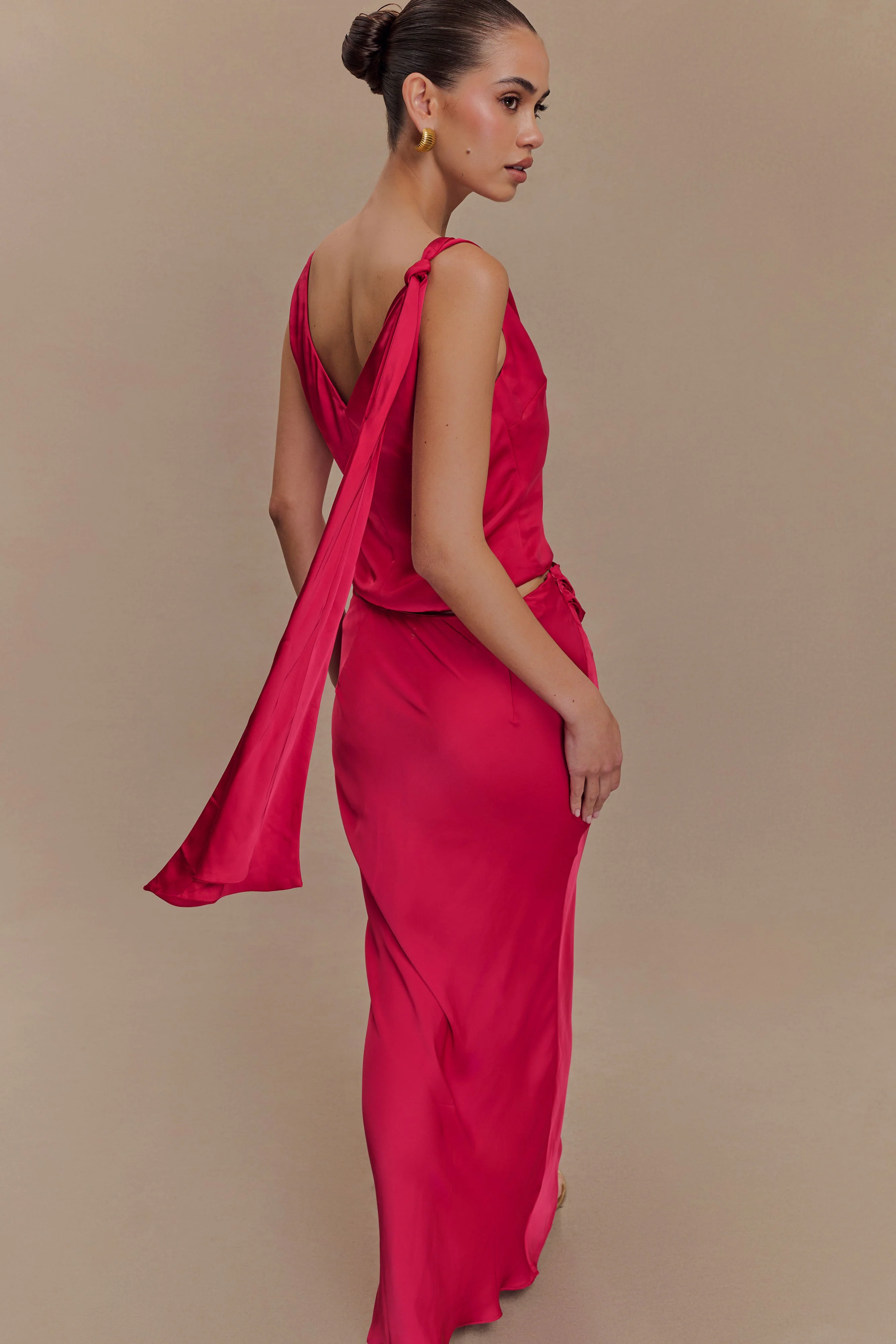 Nicola Satin Asymmetric Maxi Skirt - Pink Cherry - Image 2