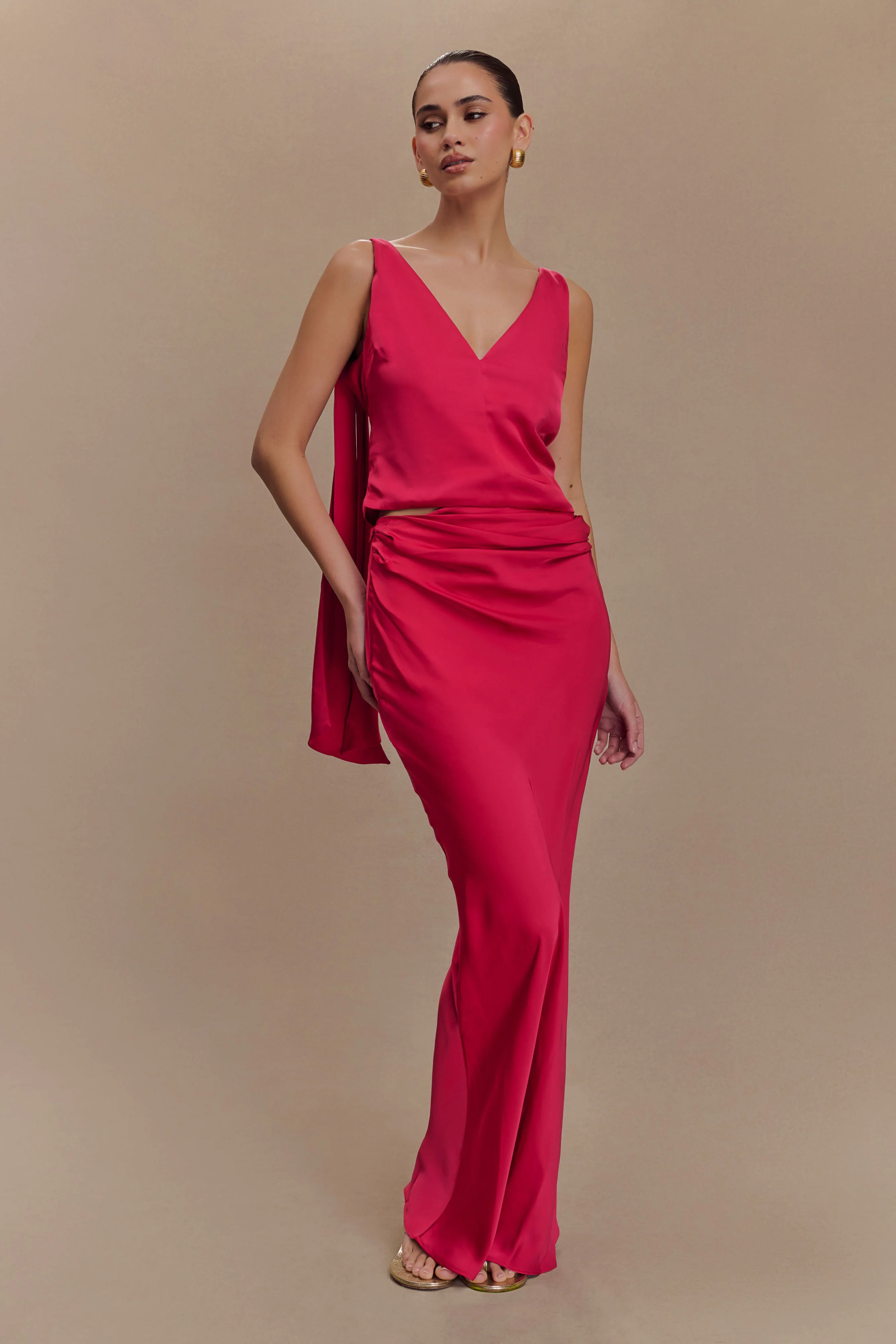 Nicola Satin Asymmetric Maxi Skirt - Pink Cherry - Image 3