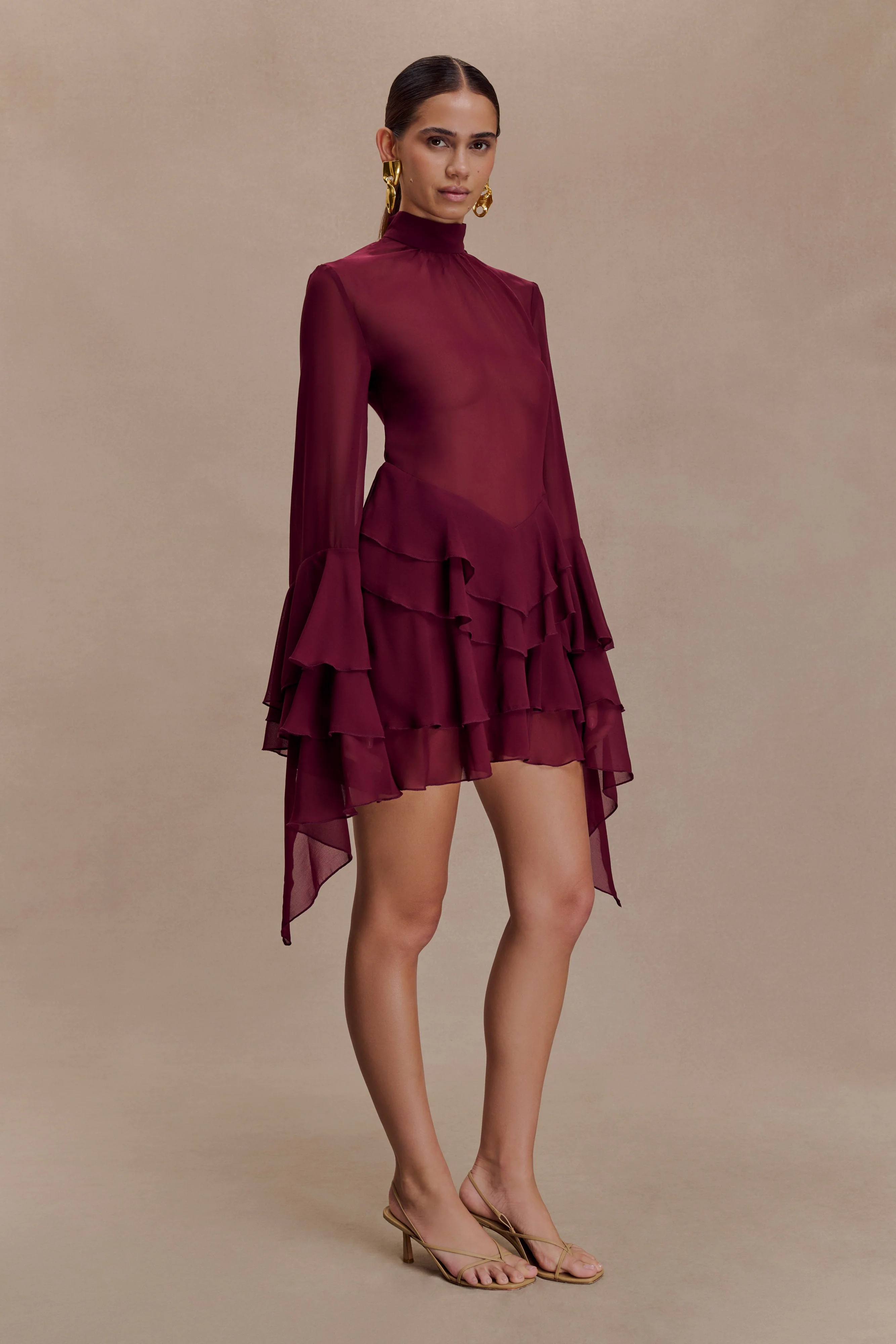Nimah Chiffon Ruffle Mini Dress - Wine - Image 3