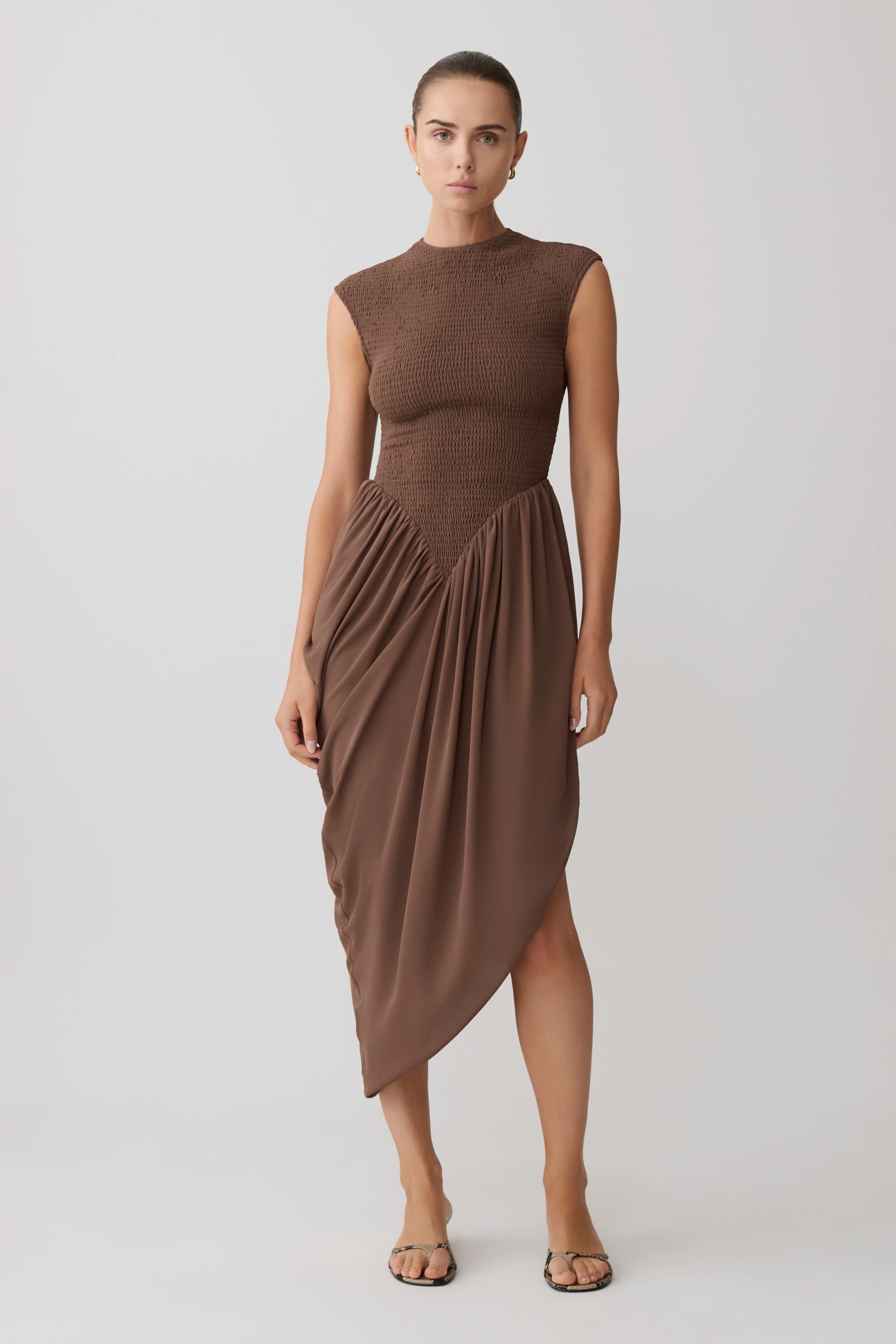 Nola Shirred Asymmetric Midi Dress - Mocha - Image 2